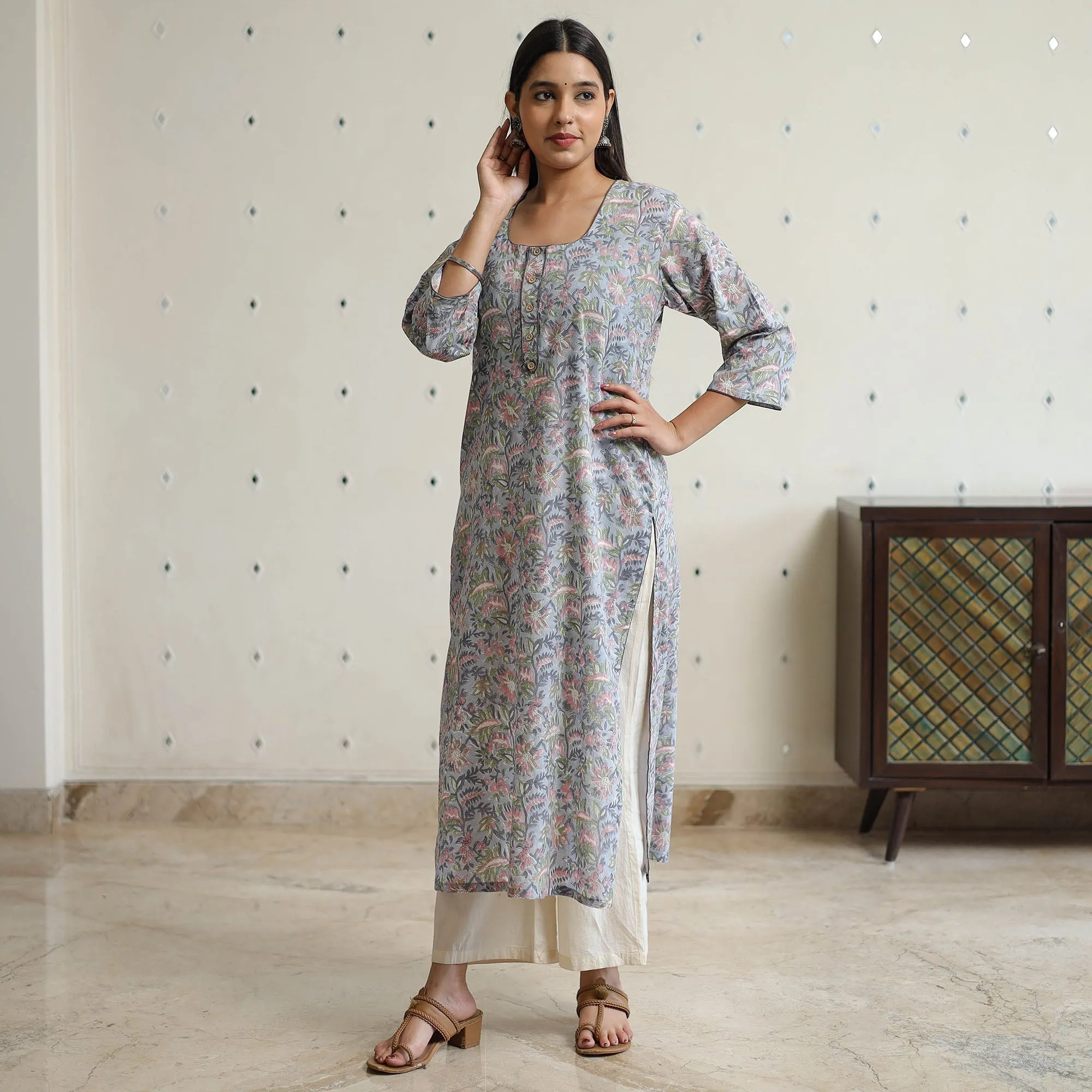 Blue - Sanganeri Block Printed Cotton Long Straight Kurta 44 sold by Itokri product image thumbnail 2