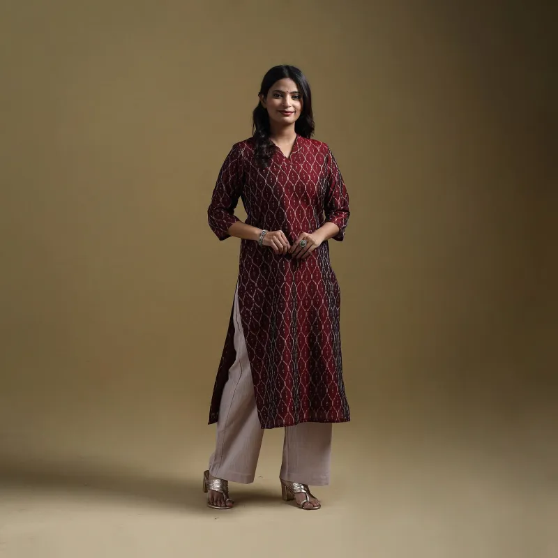 Maroon - Handloom Mercerised Cotton Pochampally Ikat 2pc Kurta Set for women 14 made by Itokri