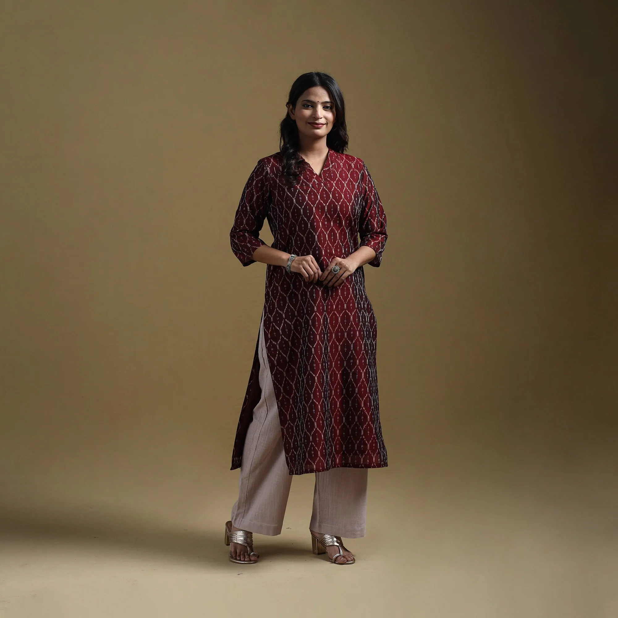 Maroon - Handloom Mercerised Cotton Pochampally Ikat 2pc Kurta Set for women 14 sold by Itokri