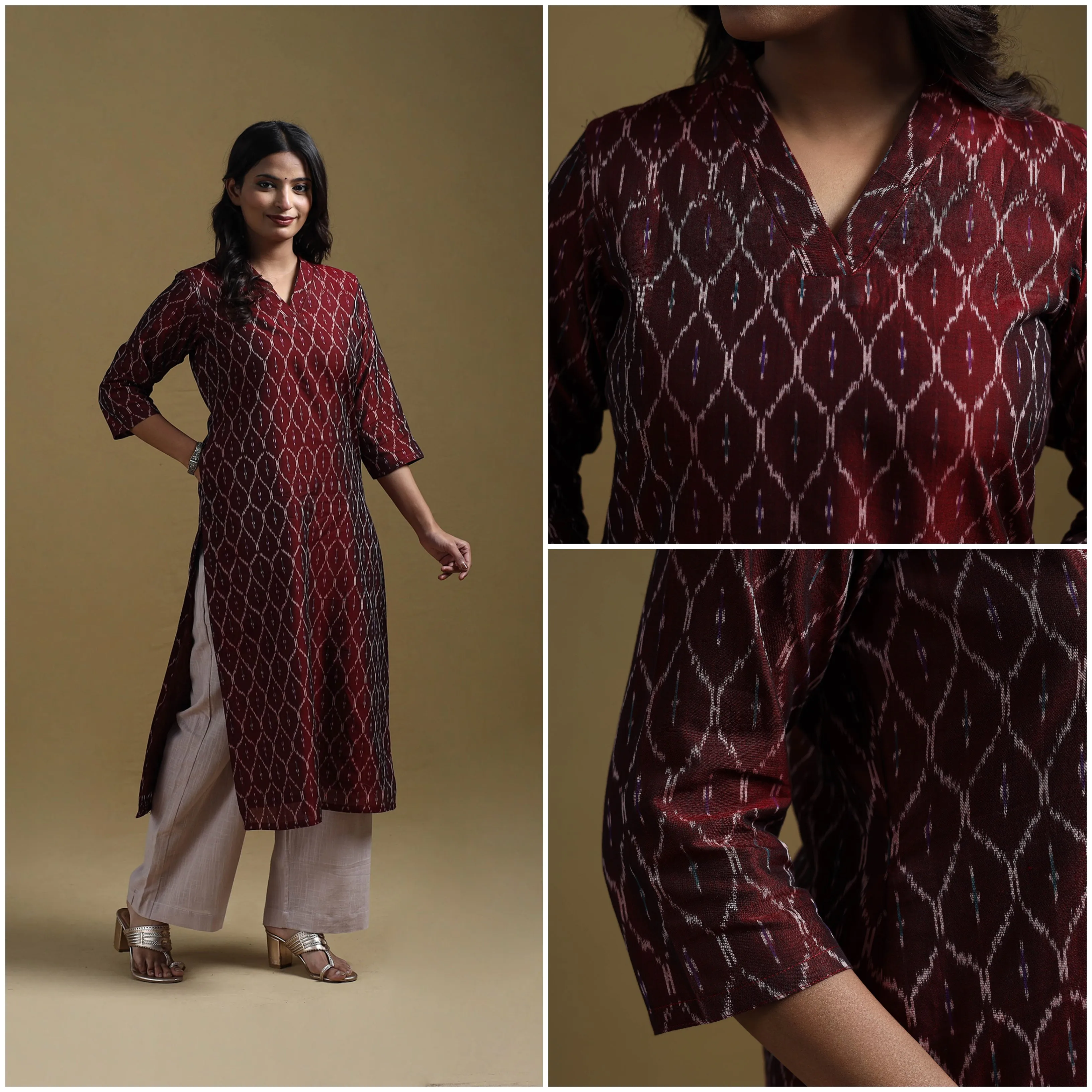 Maroon - Handloom Mercerised Cotton Pochampally Ikat 2pc Kurta Set for women 14 sold by Itokri product image thumbnail 3