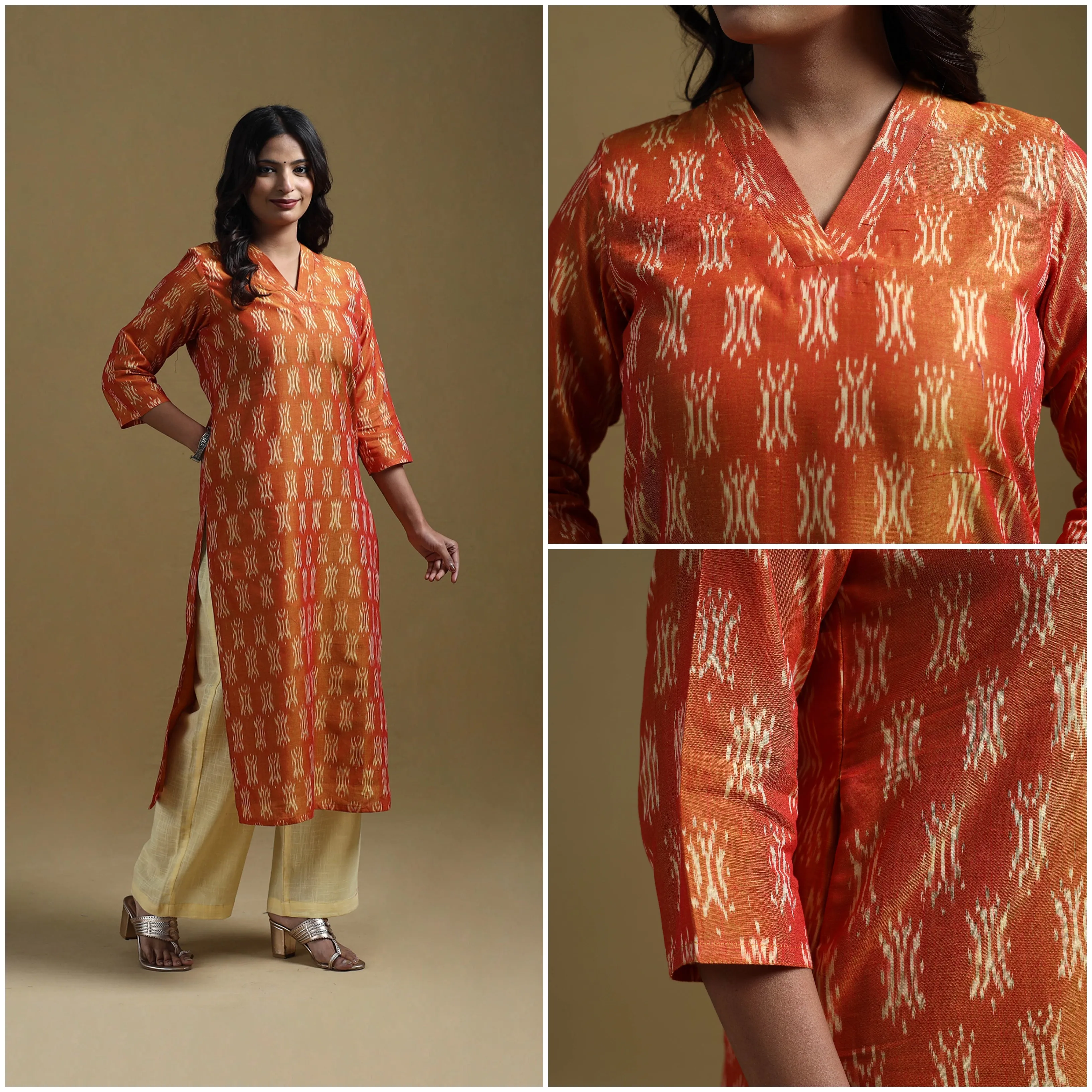 Orange - Handloom Mercerised Cotton Pochampally Ikat 2pc Kurta Set for women 11 sold by Itokri product image thumbnail 3