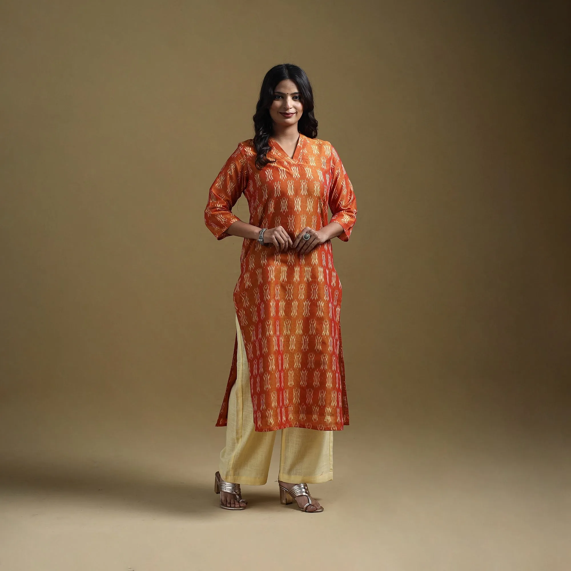 Orange - Handloom Mercerised Cotton Pochampally Ikat 2pc Kurta Set for women 11 sold by Itokri