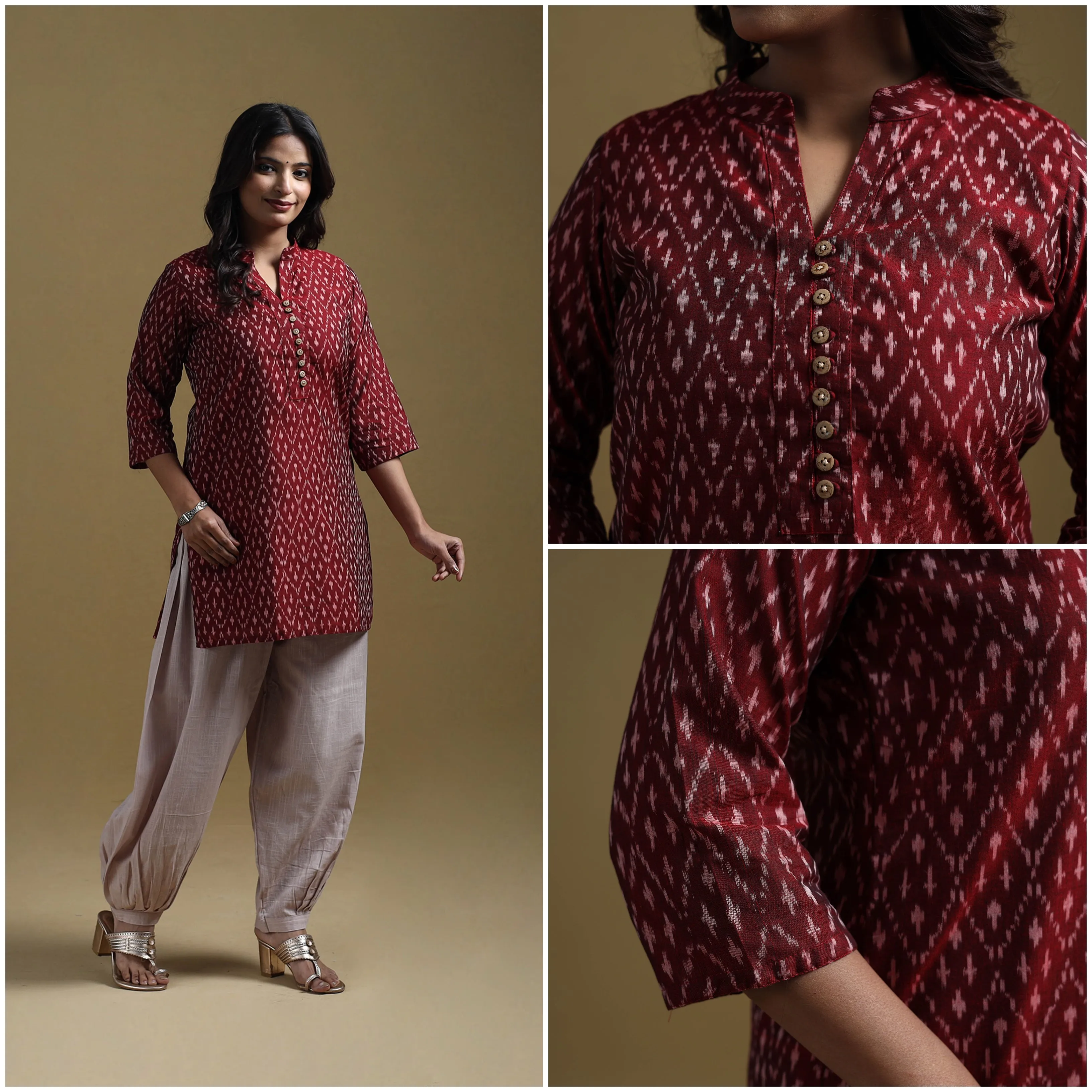 Maroon - Handloom Mercerised Cotton Pochampally Ikat 2pc Short Kurta Set for women 06 sold by Itokri product image thumbnail 3