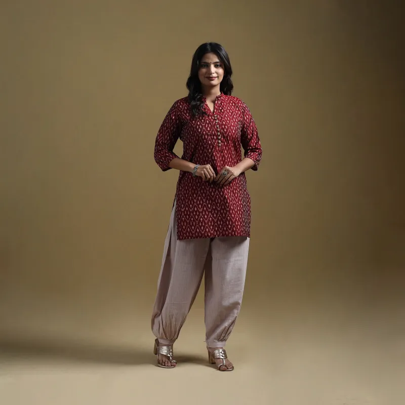 Maroon - Handloom Mercerised Cotton Pochampally Ikat 2pc Short Kurta Set for women 06 sold by Itokri