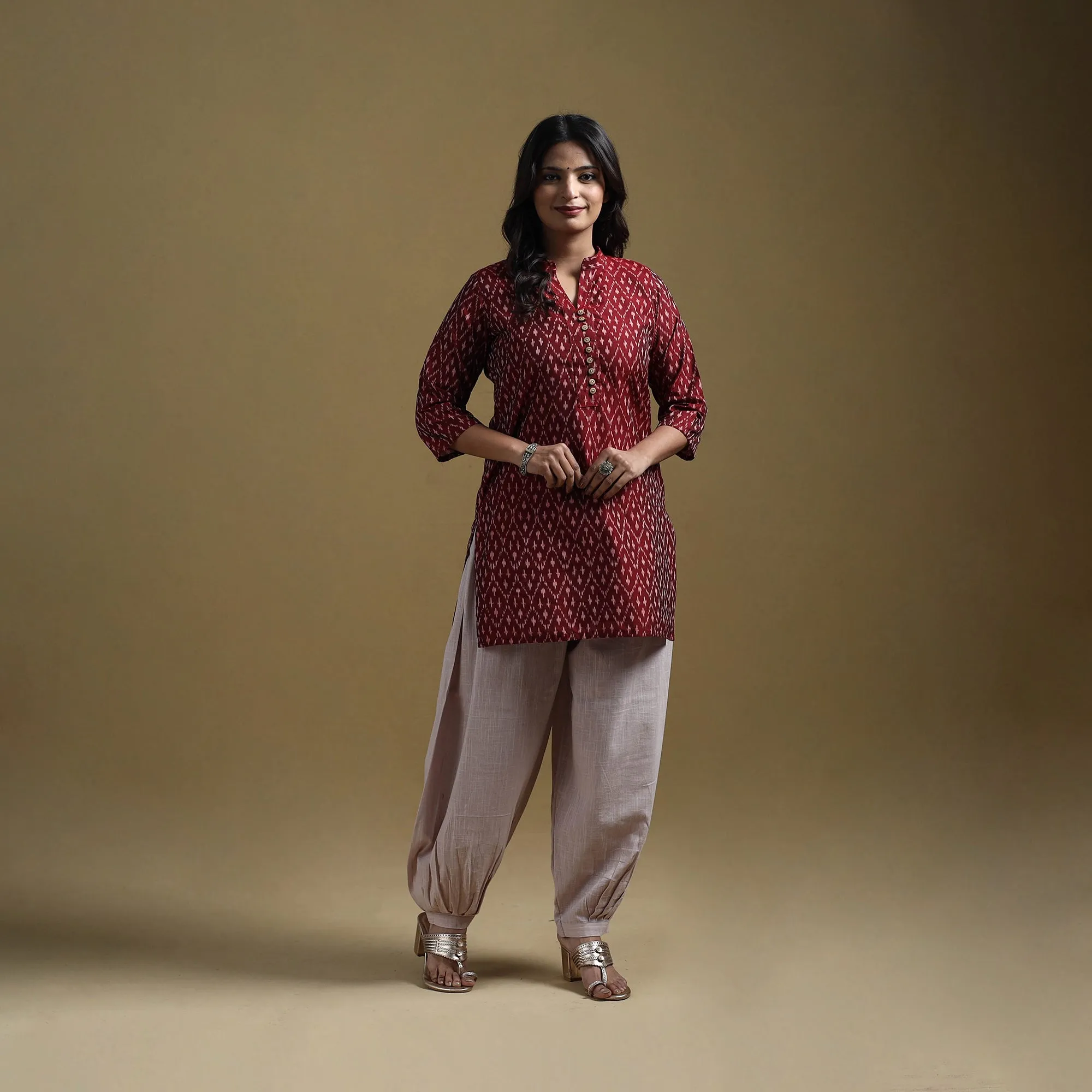 Maroon - Handloom Mercerised Cotton Pochampally Ikat 2pc Short Kurta Set for women 06 sold by Itokri
