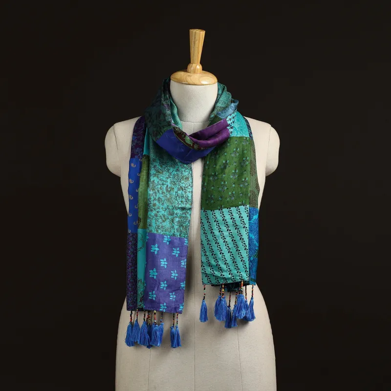 Multicolor - Pure Silk Patchwork Stole with Tassels 10 made by Itokri