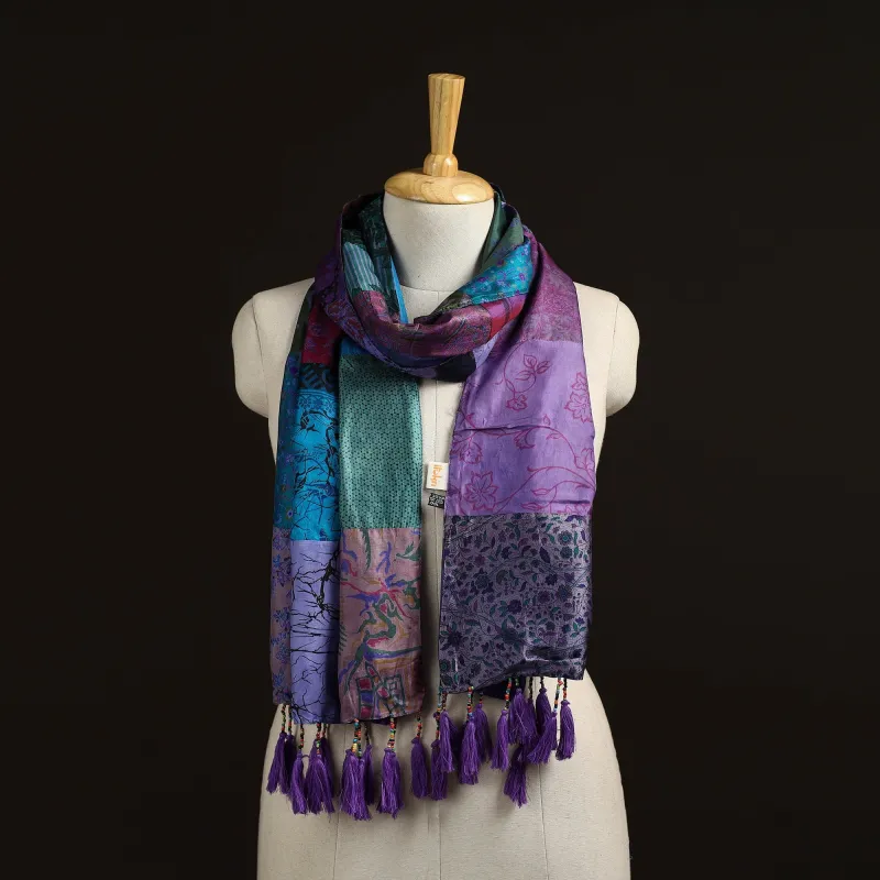 Multicolor - Pure Silk Patchwork Stole with Tassels 08 made by Itokri