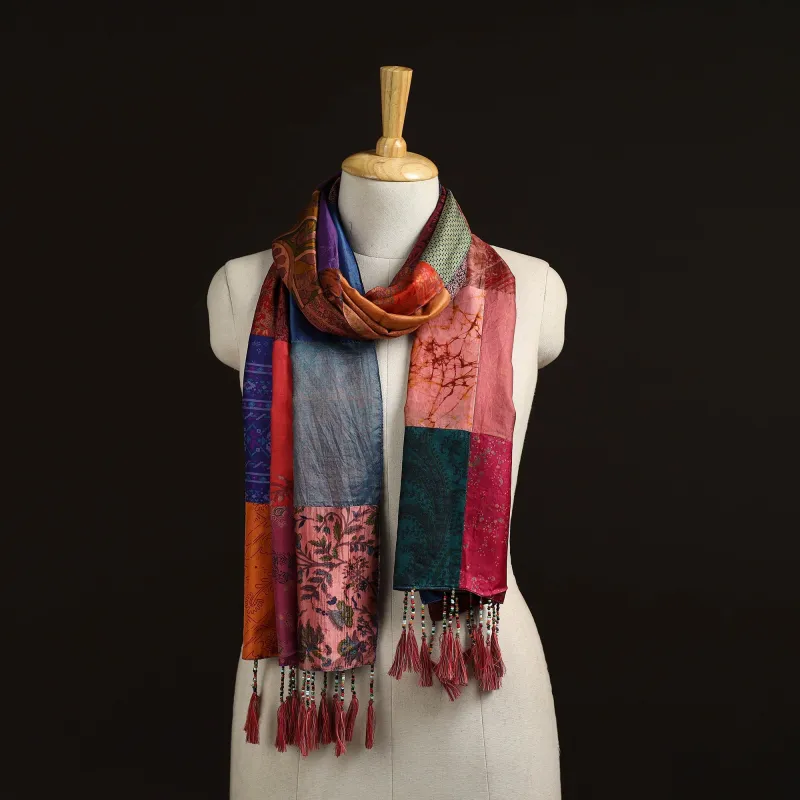 Multicolor - Pure Silk Patchwork Stole with Tassels 06 sold by Itokri