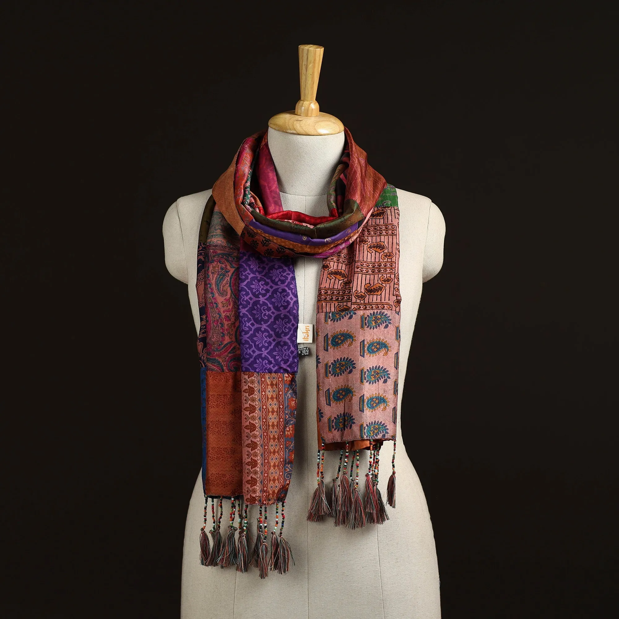 Multicolor - Pure Silk Patchwork Stole with Tassels 05 sold by Itokri