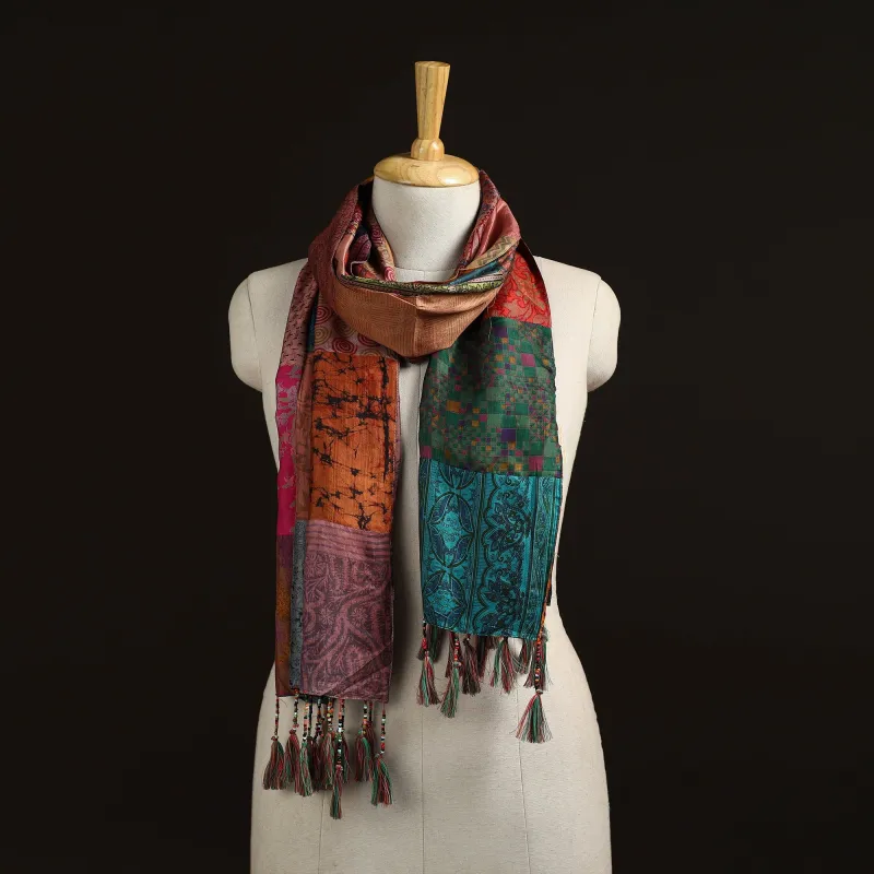 Multicolor - Pure Silk Patchwork Stole with Tassels 04 made by Itokri