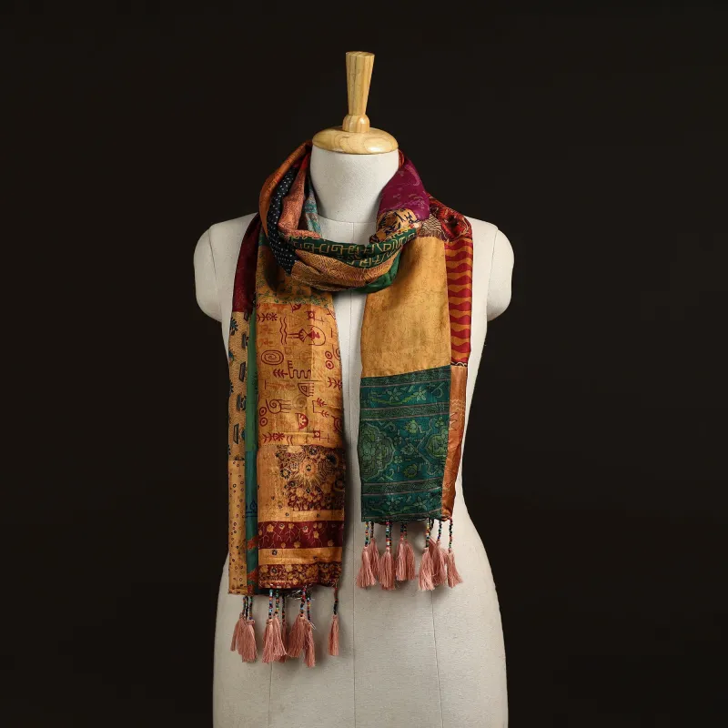 Multicolor - Pure Silk Patchwork Stole with Tassels 03 made by Itokri