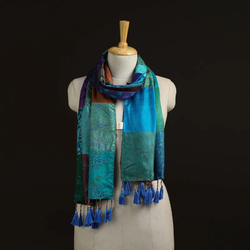 Multicolor - Pure Silk Patchwork Stole with Tassels 02 made by Itokri