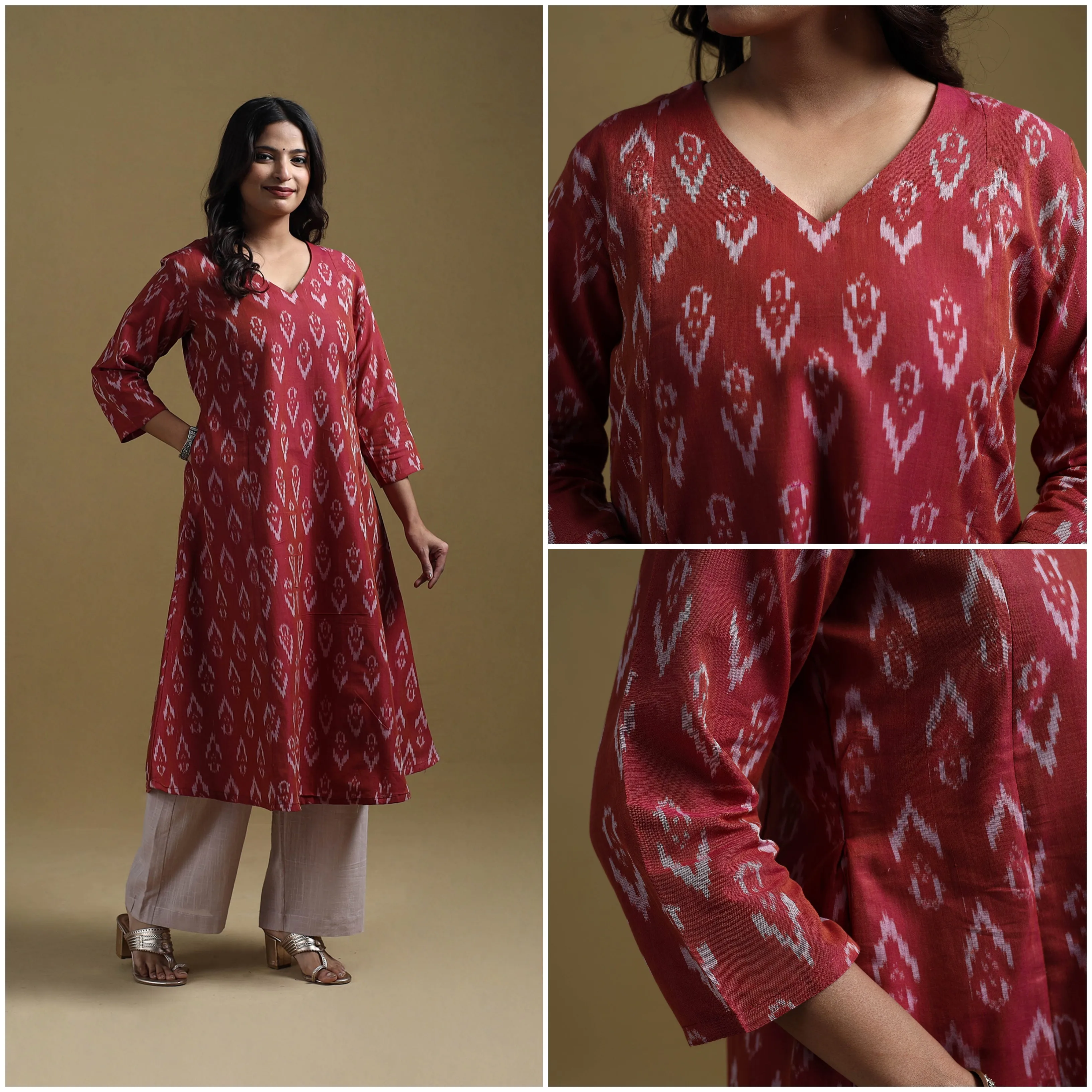 Red - Handloom Mercerised Cotton Pochampally Ikat 2pc Kurta Set for women 04 sold by Itokri product image thumbnail 3