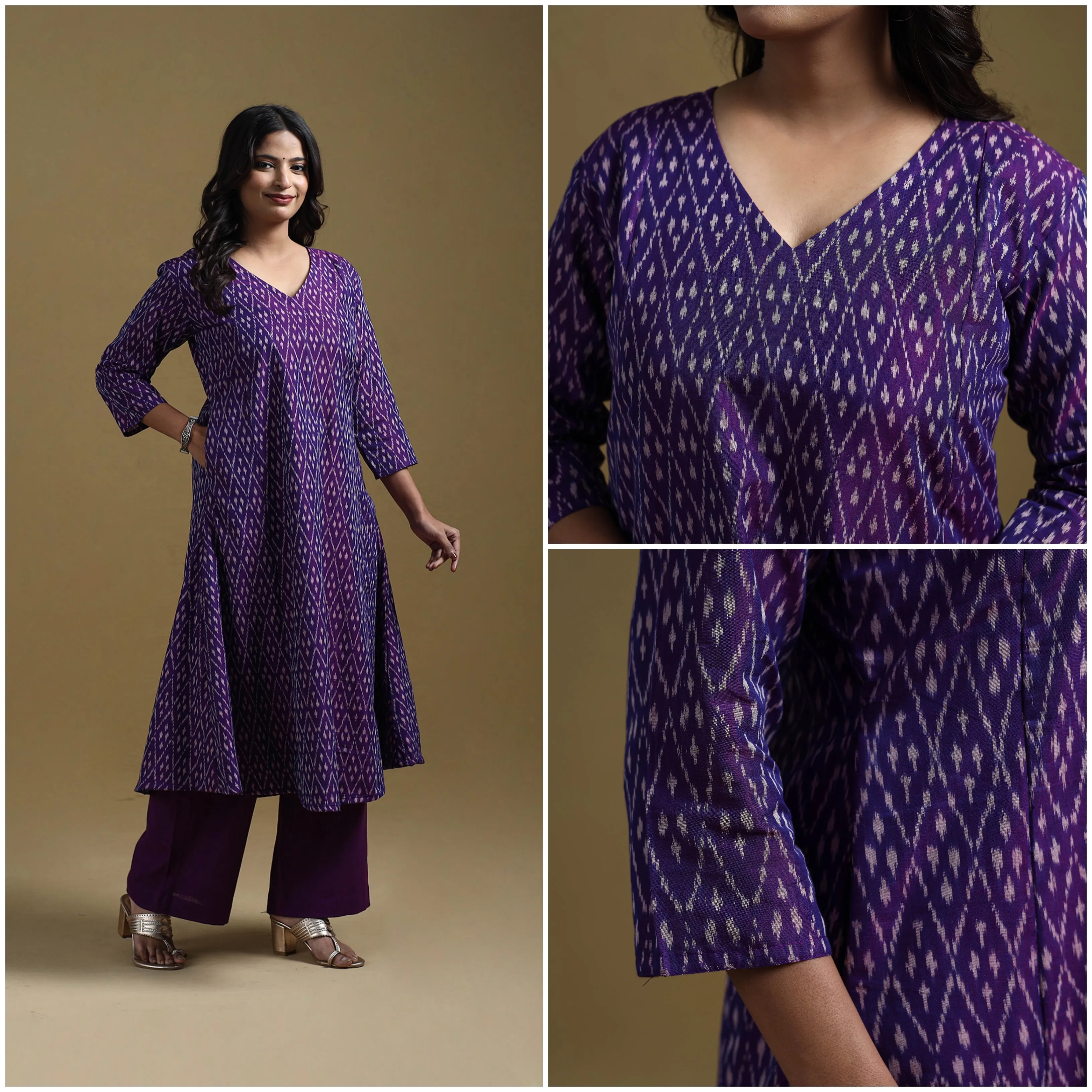 Purple - Handloom Mercerised Cotton Pochampally Ikat 2pc Kurta Set for women 02 sold by Itokri product image thumbnail 3