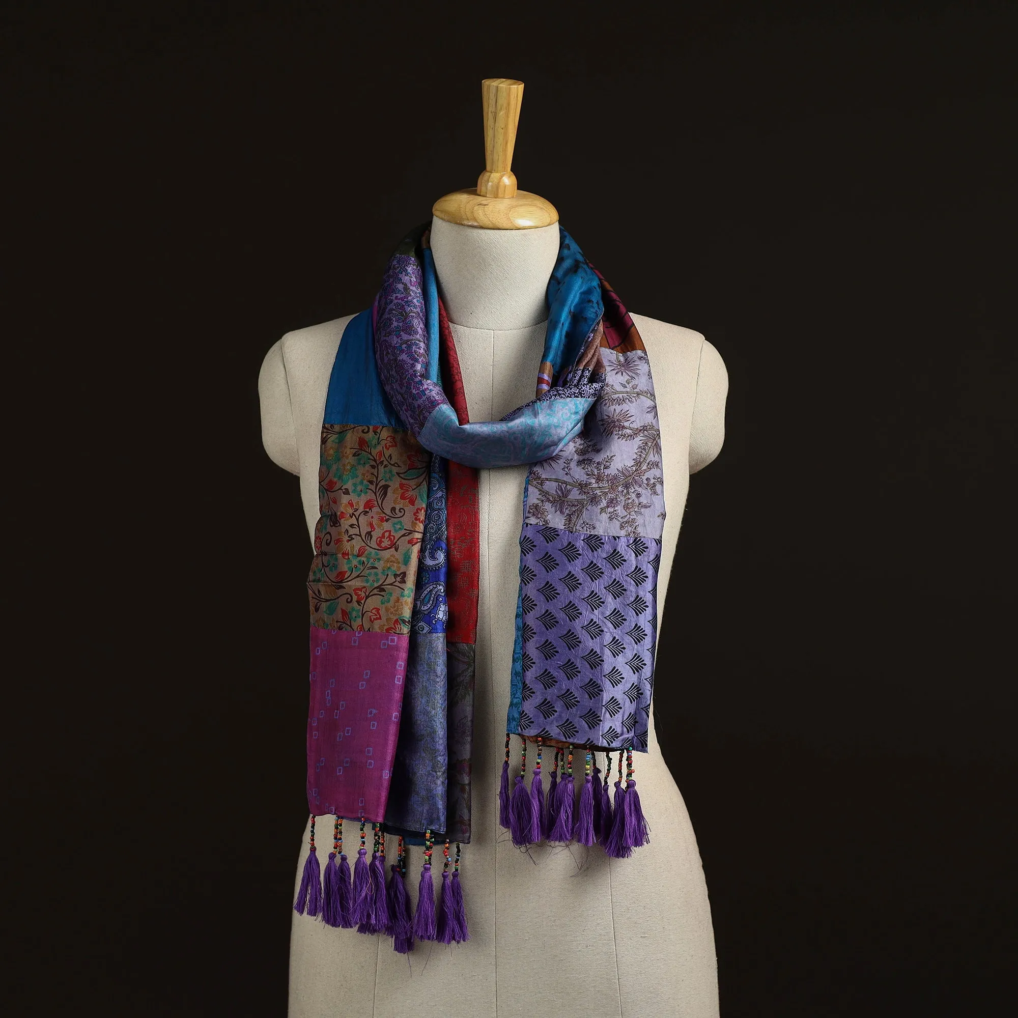 Multicolor - Pure Silk Patchwork Stole with Tassels 01 sold by Itokri