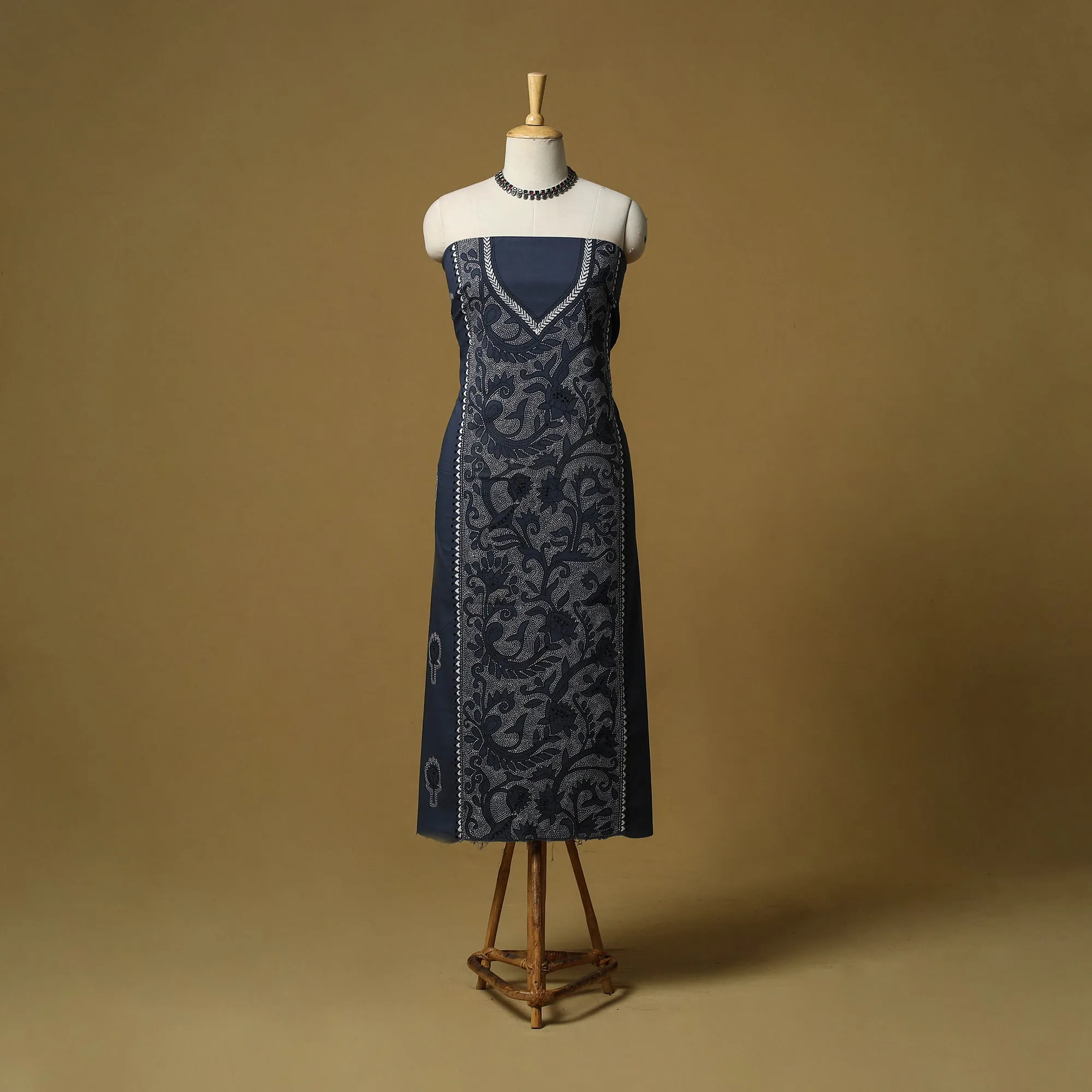 Blue - Bengal Kantha Hand Embroidered Unstitched Kurta Material (2.8M) 32 sold by Itokri