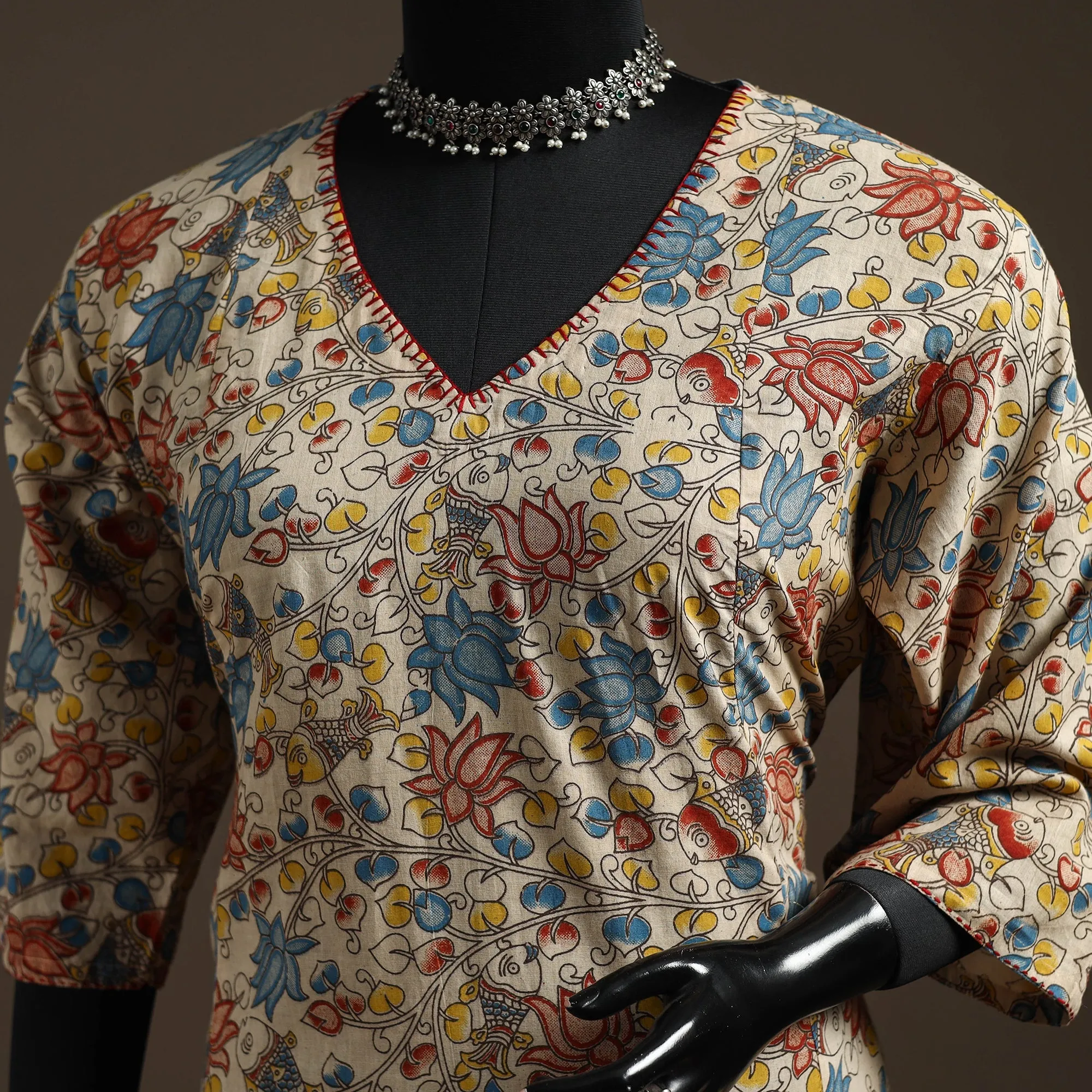 Beige - Hand Embroidered Printed Cotton A-Line Kalamkari Kurta for women 07 sold by Itokri product image thumbnail 3