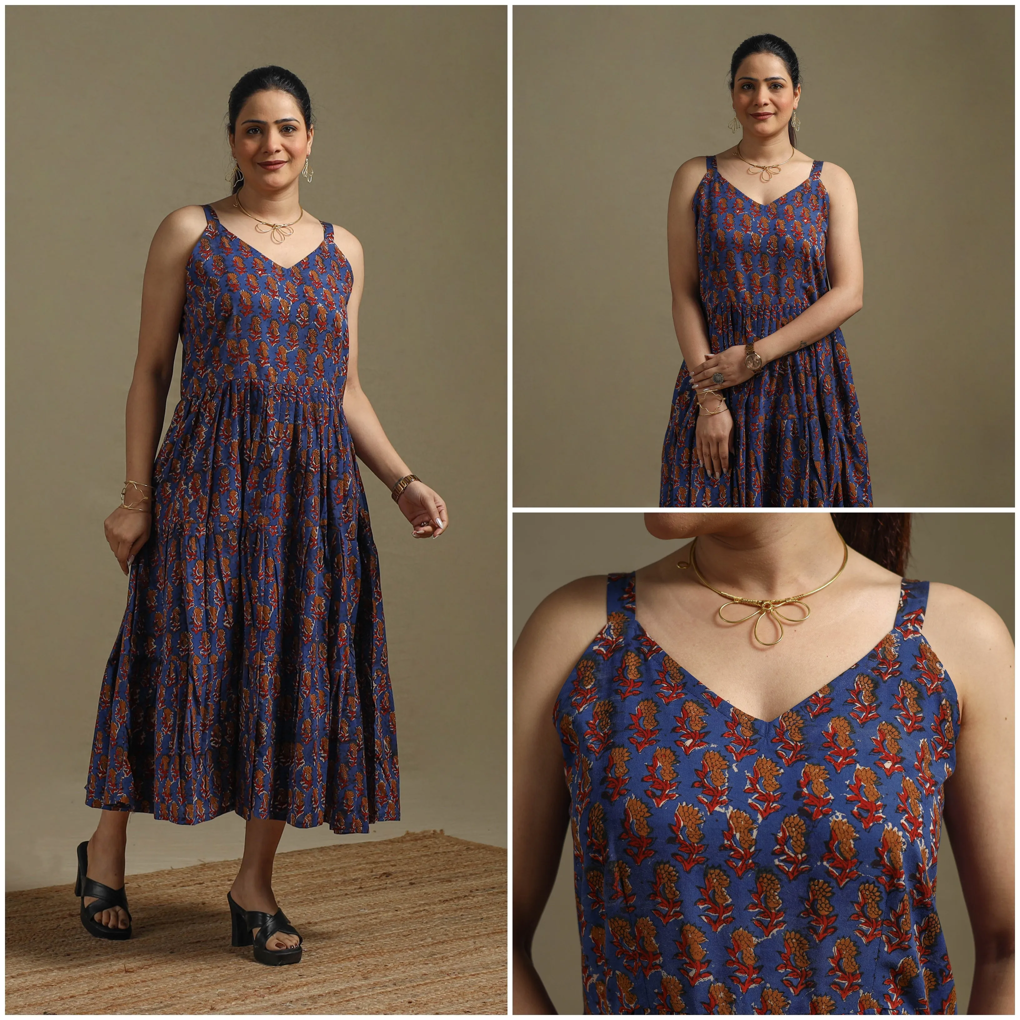 Blue - Hand Block Print Natural Dyed Cotton Tiered Bagru Dress 08 sold by Itokri product image thumbnail 3