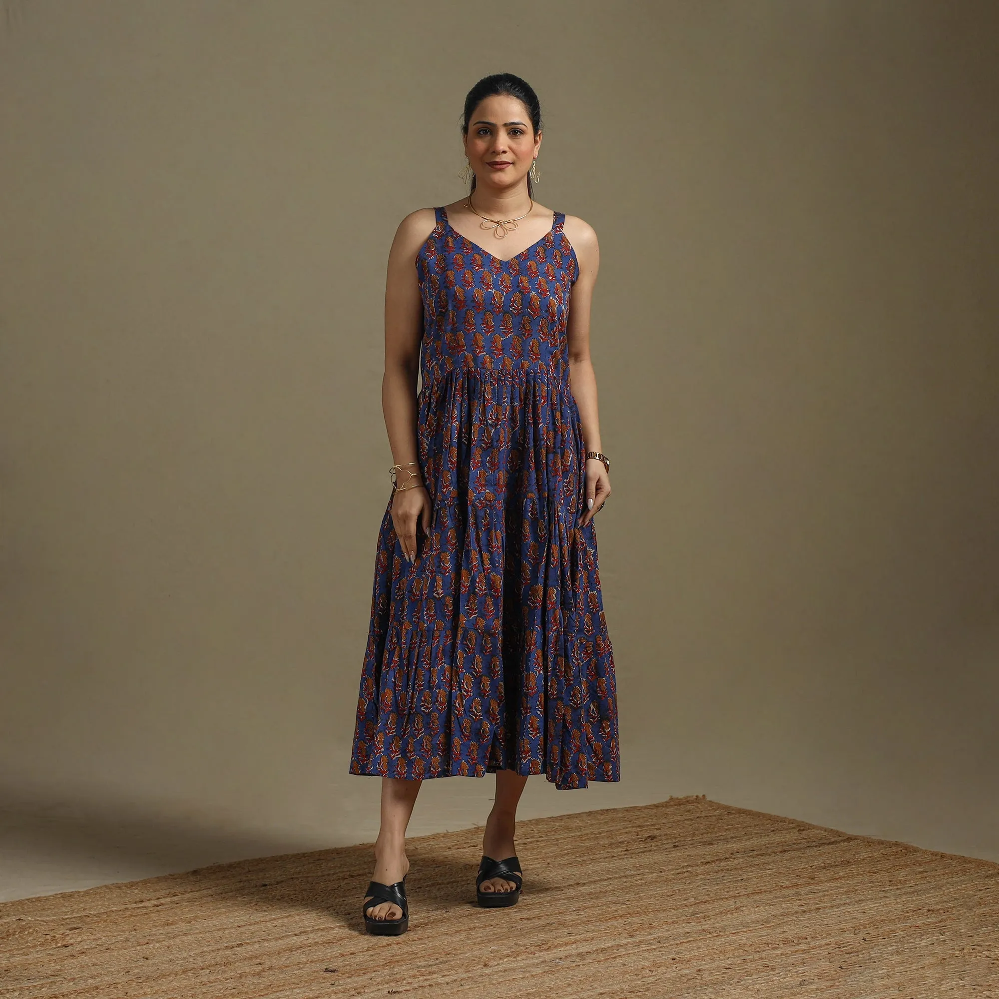 Blue - Hand Block Print Natural Dyed Cotton Tiered Bagru Dress 08 sold by Itokri