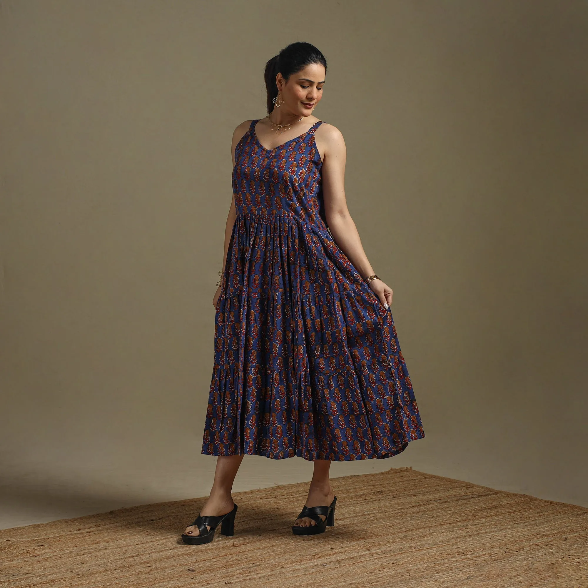 Blue - Hand Block Print Natural Dyed Cotton Tiered Bagru Dress 08 sold by Itokri product image thumbnail 2