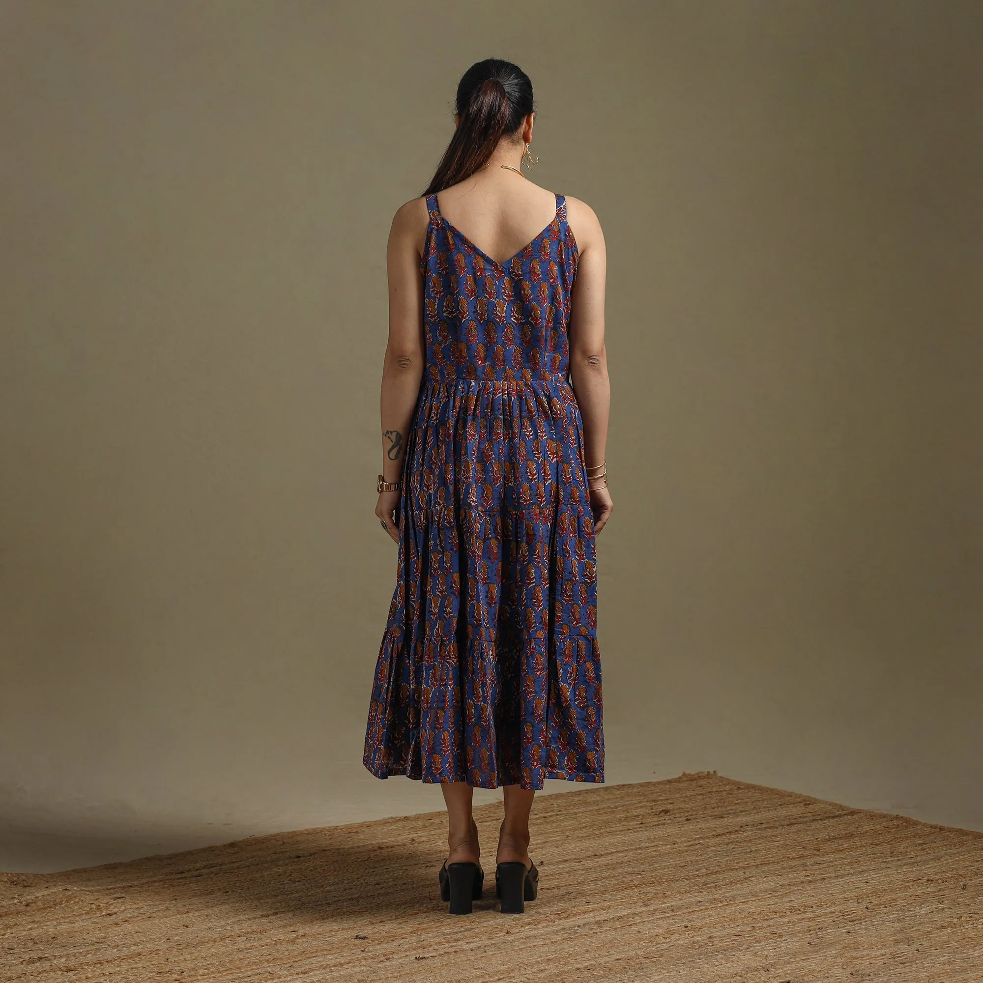 Blue - Hand Block Print Natural Dyed Cotton Tiered Bagru Dress 08 sold by Itokri product image thumbnail 4