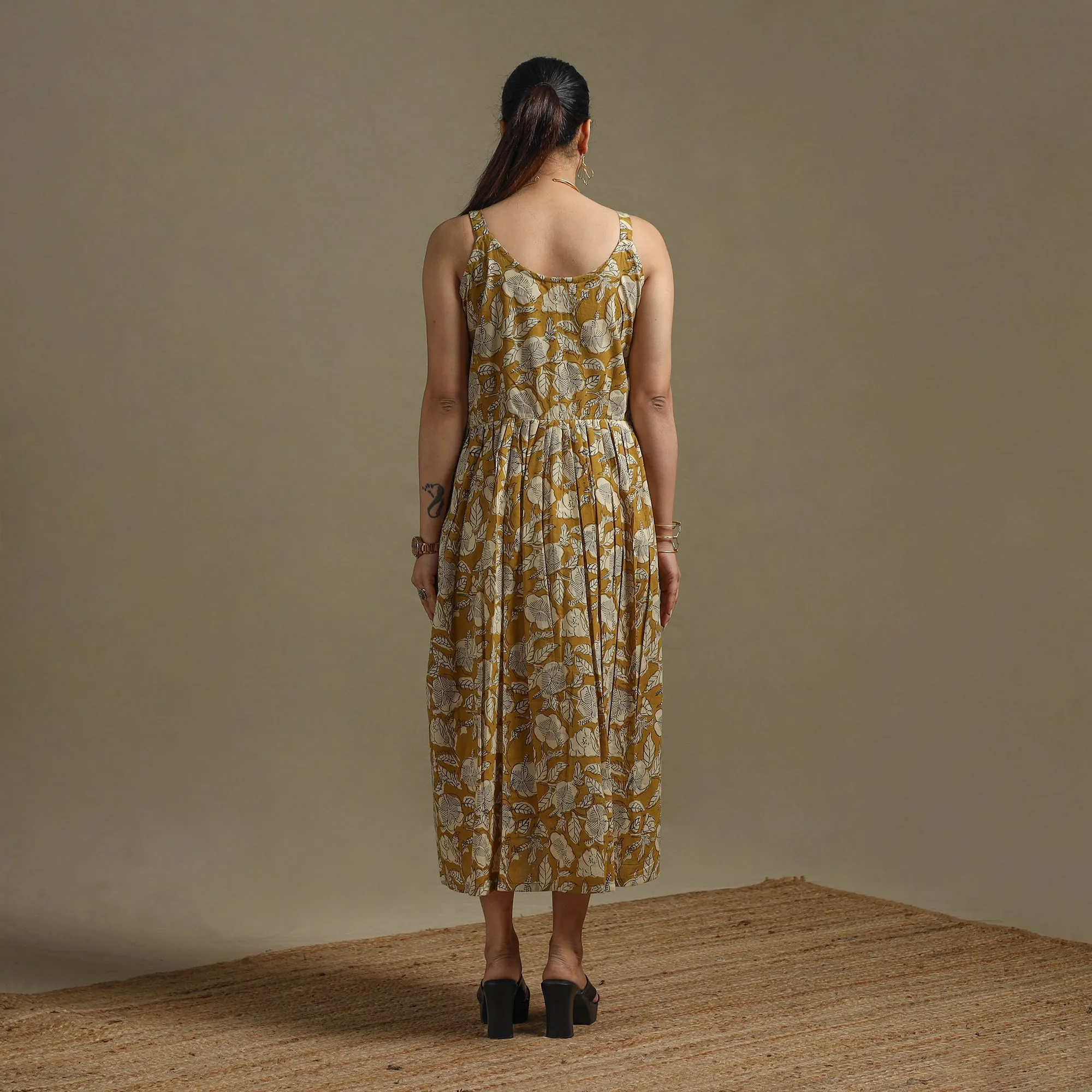 Yellow - Hand Block Print Natural Dyed Cotton Button Down Bagru Dress 04 sold by Itokri product image thumbnail 4