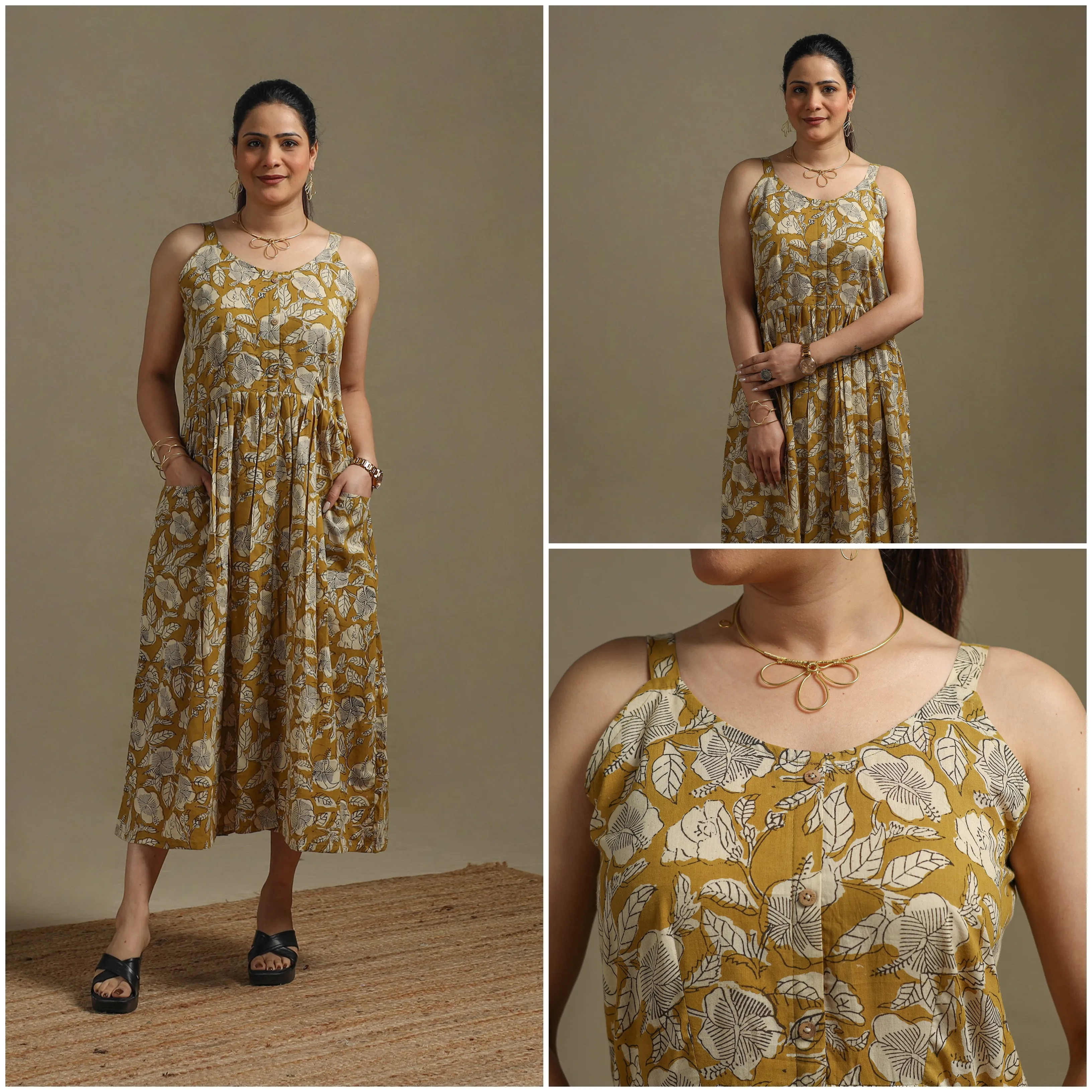 Yellow - Hand Block Print Natural Dyed Cotton Button Down Bagru Dress 04 sold by Itokri product image thumbnail 3