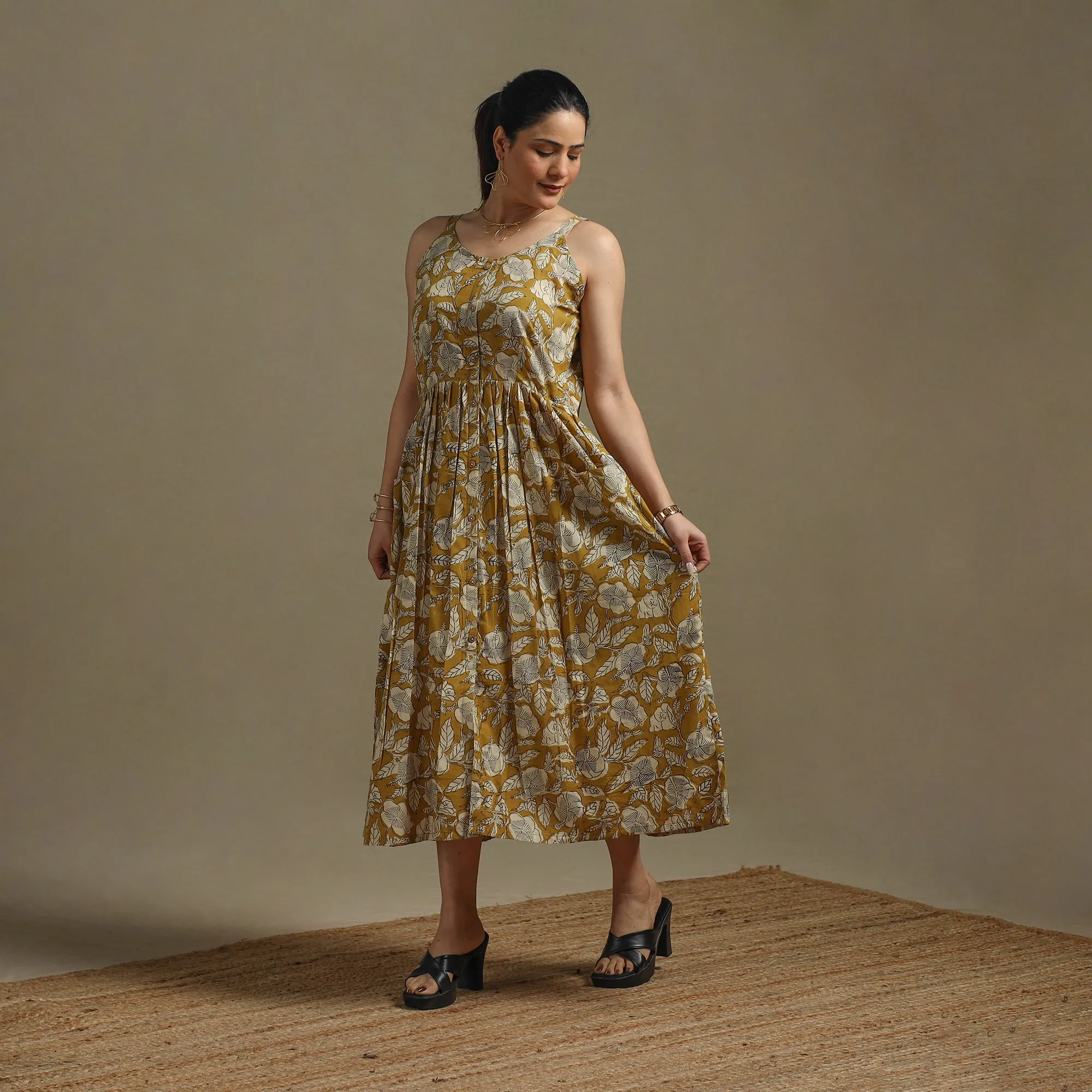 Yellow - Hand Block Print Natural Dyed Cotton Button Down Bagru Dress 04 sold by Itokri product image thumbnail 2
