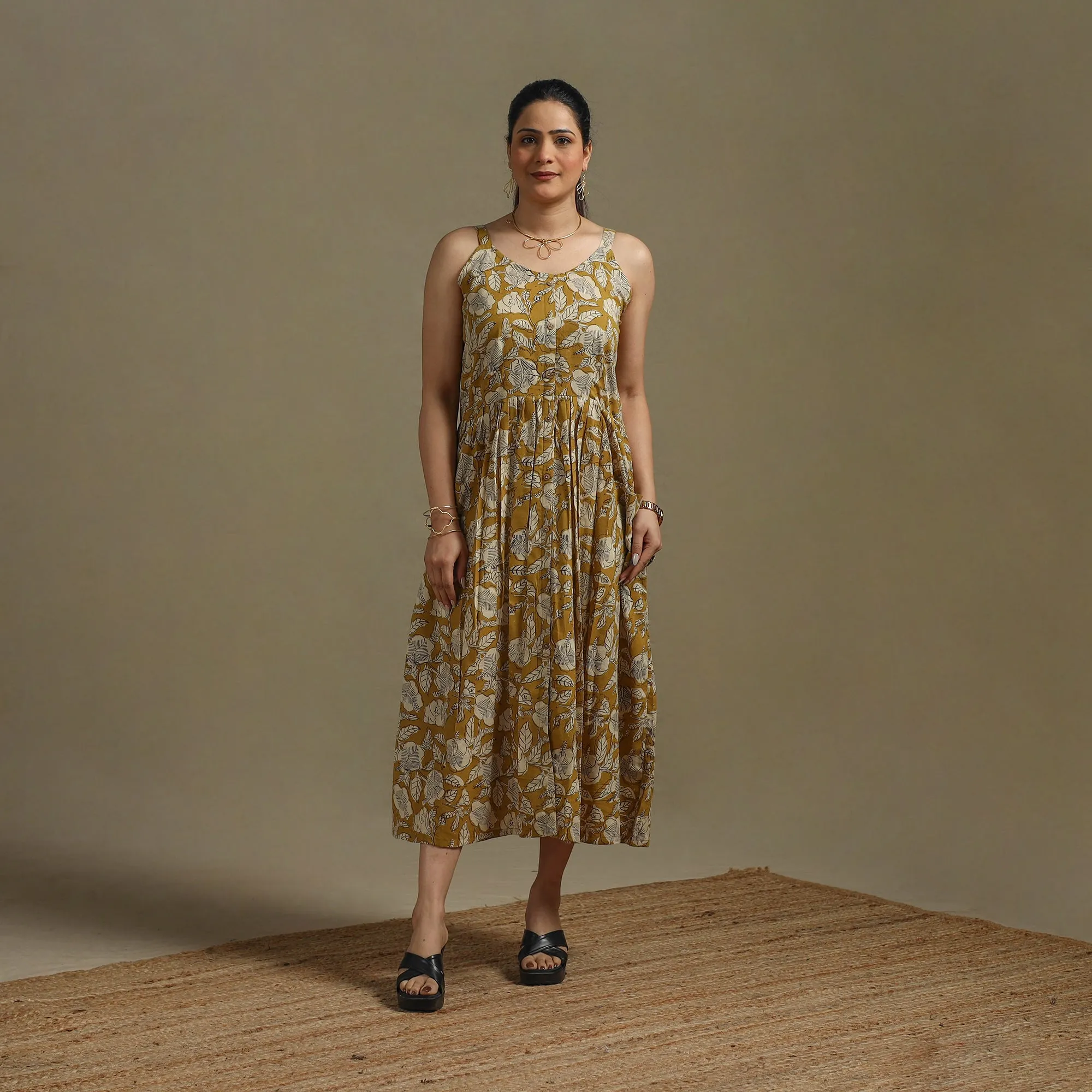 Yellow - Hand Block Print Natural Dyed Cotton Button Down Bagru Dress 04 sold by Itokri