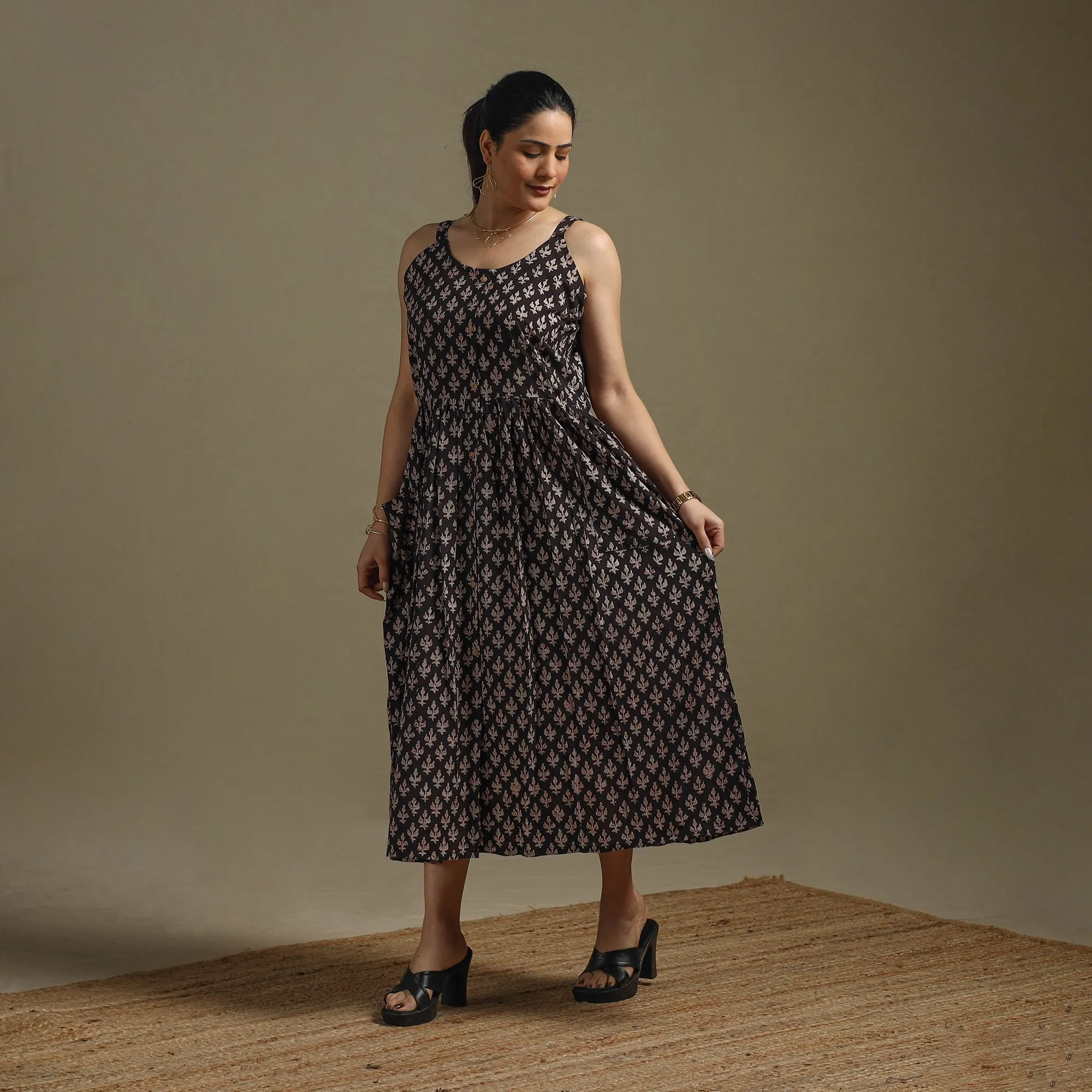 Black - Hand Block Print Natural Dyed Cotton Button Down Bagru Dress 03 sold by Itokri product image thumbnail 2