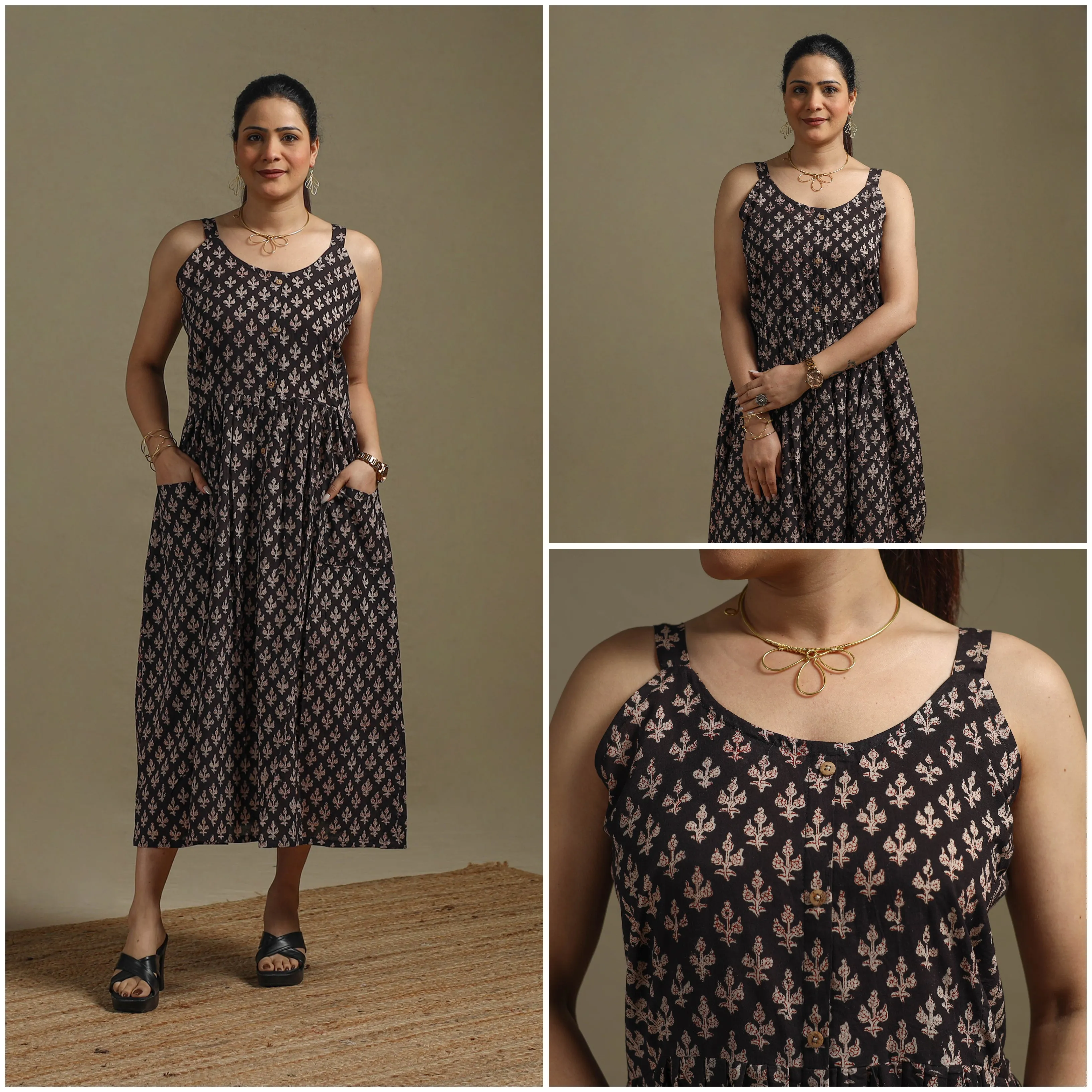 Black - Hand Block Print Natural Dyed Cotton Button Down Bagru Dress 03 sold by Itokri product image thumbnail 3