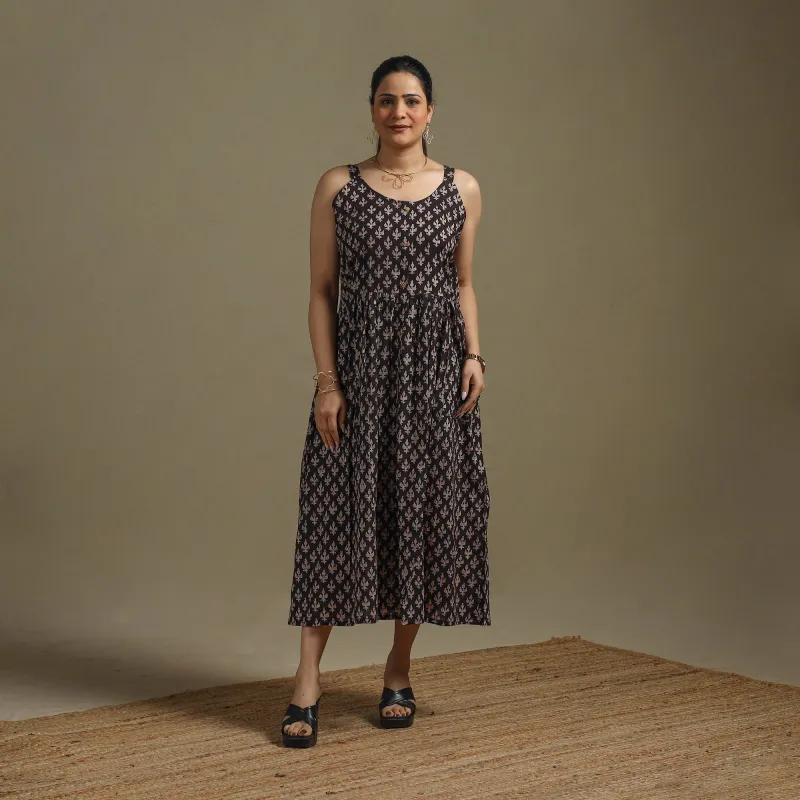 Hand Block Print Natural Dyed Cotton Button Down Bagru Dress 03 sold by Itokri