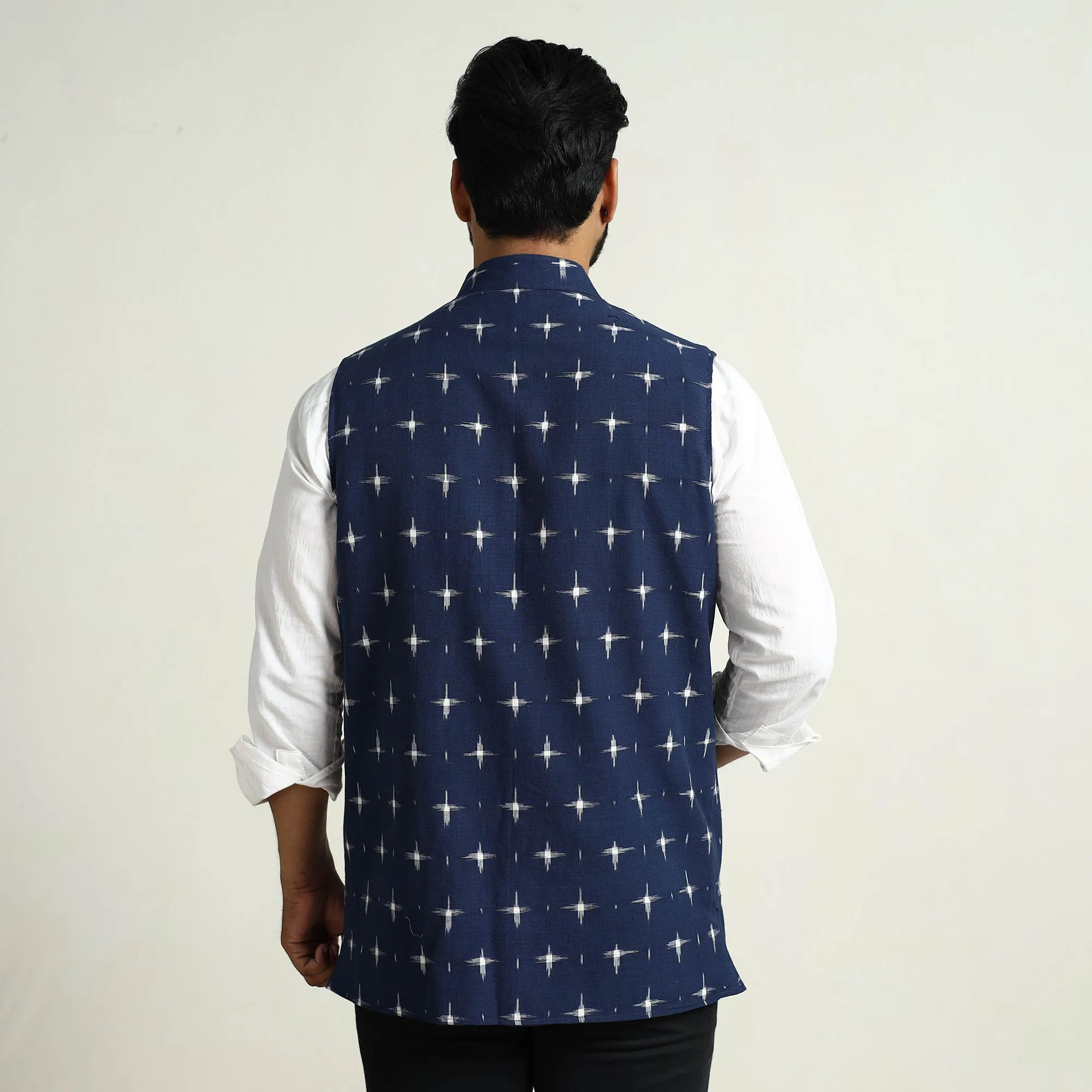 Blue - Pochampally Double Ikat Handloom Cotton Men Nehru Jacket 14 sold by Itokri product image thumbnail 5