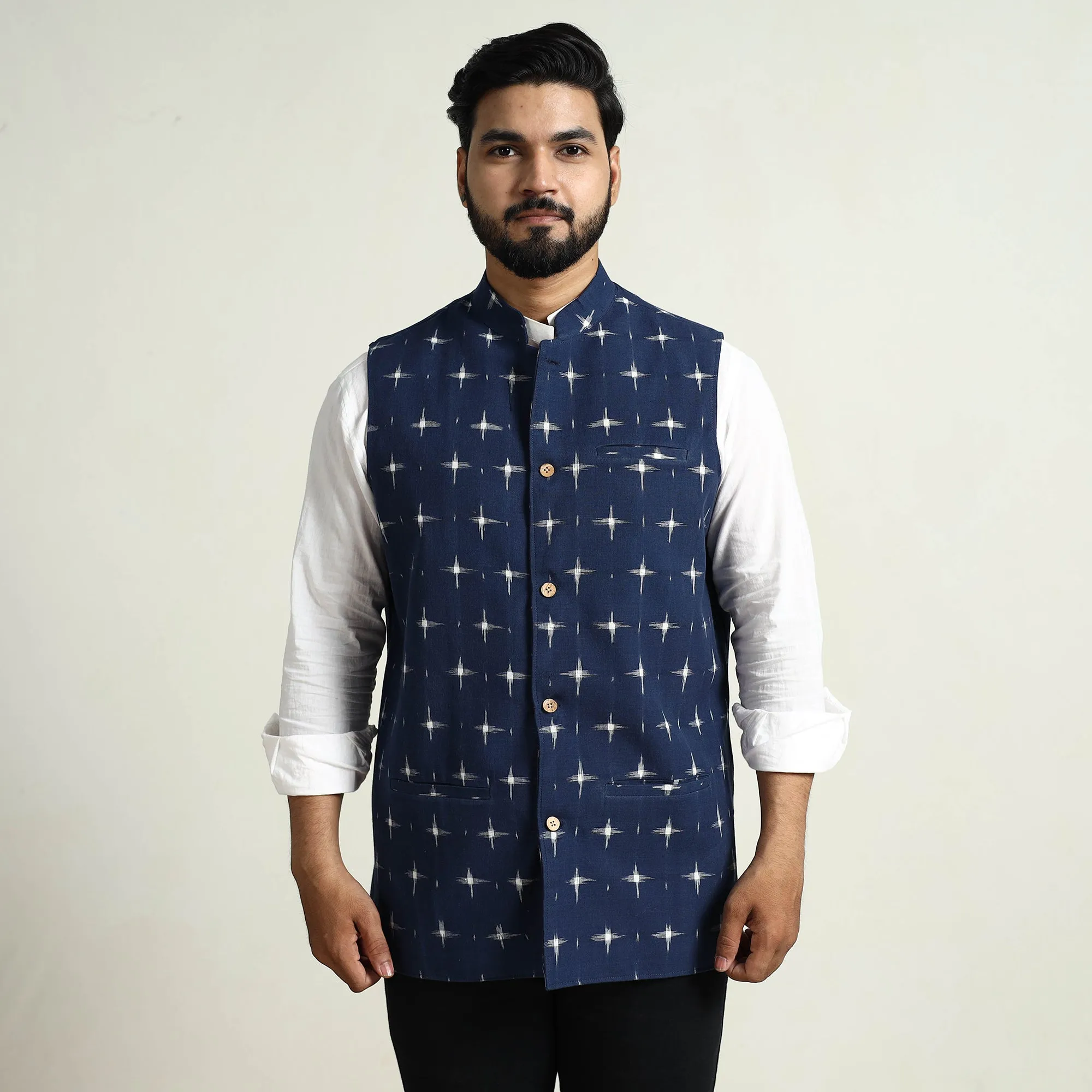 Blue - Pochampally Double Ikat Handloom Cotton Men Nehru Jacket 14 sold by Itokri product image thumbnail 4