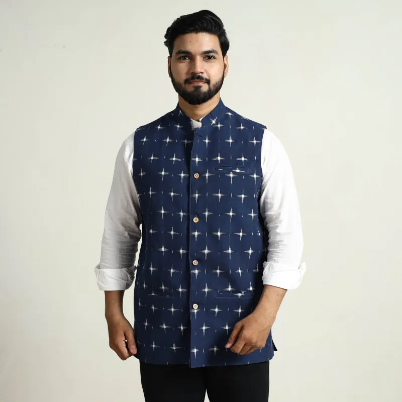 Blue - Pochampally Double Ikat Handloom Cotton Men Nehru Jacket 14 sold by Itokri