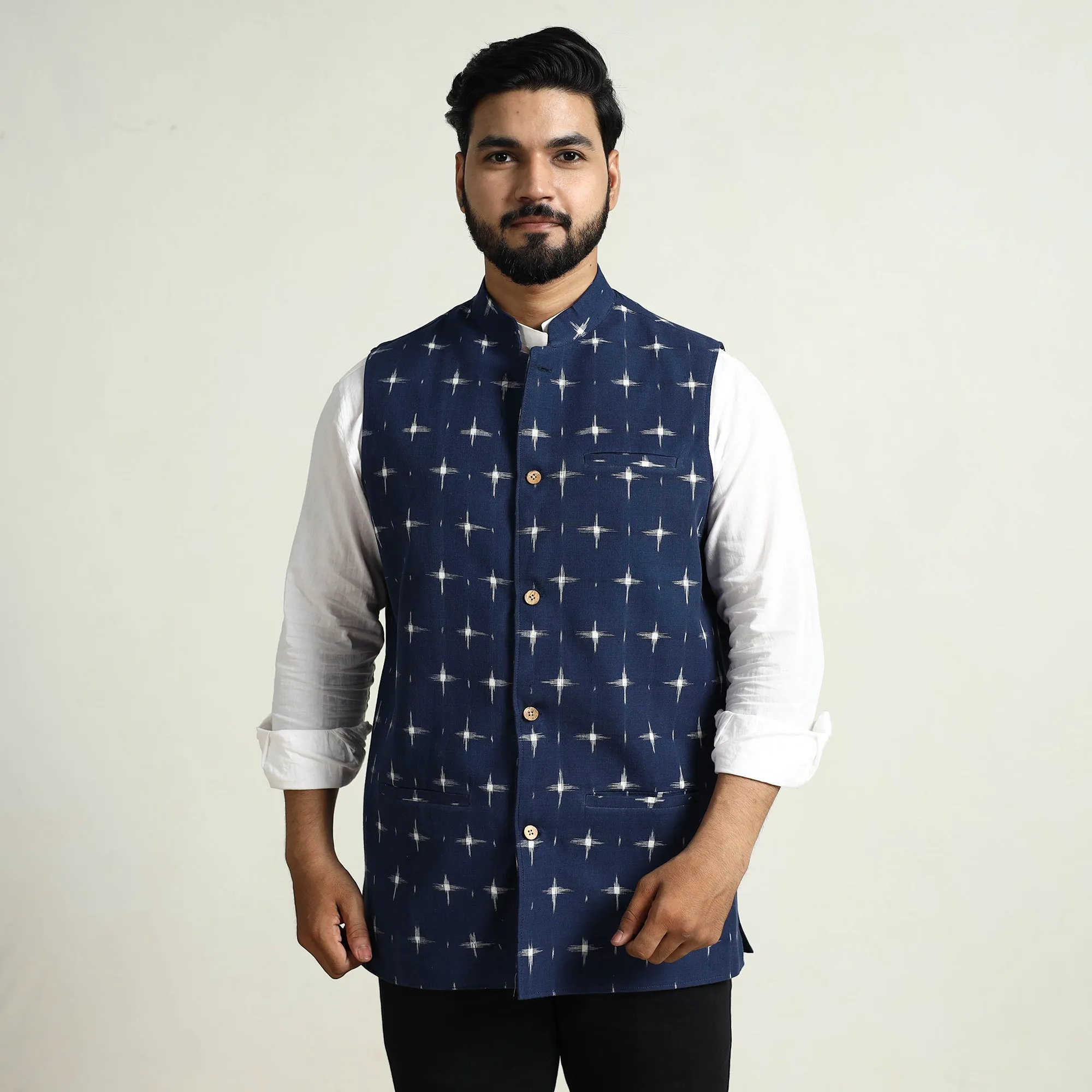 Blue - Pochampally Double Ikat Handloom Cotton Men Nehru Jacket 14 sold by Itokri