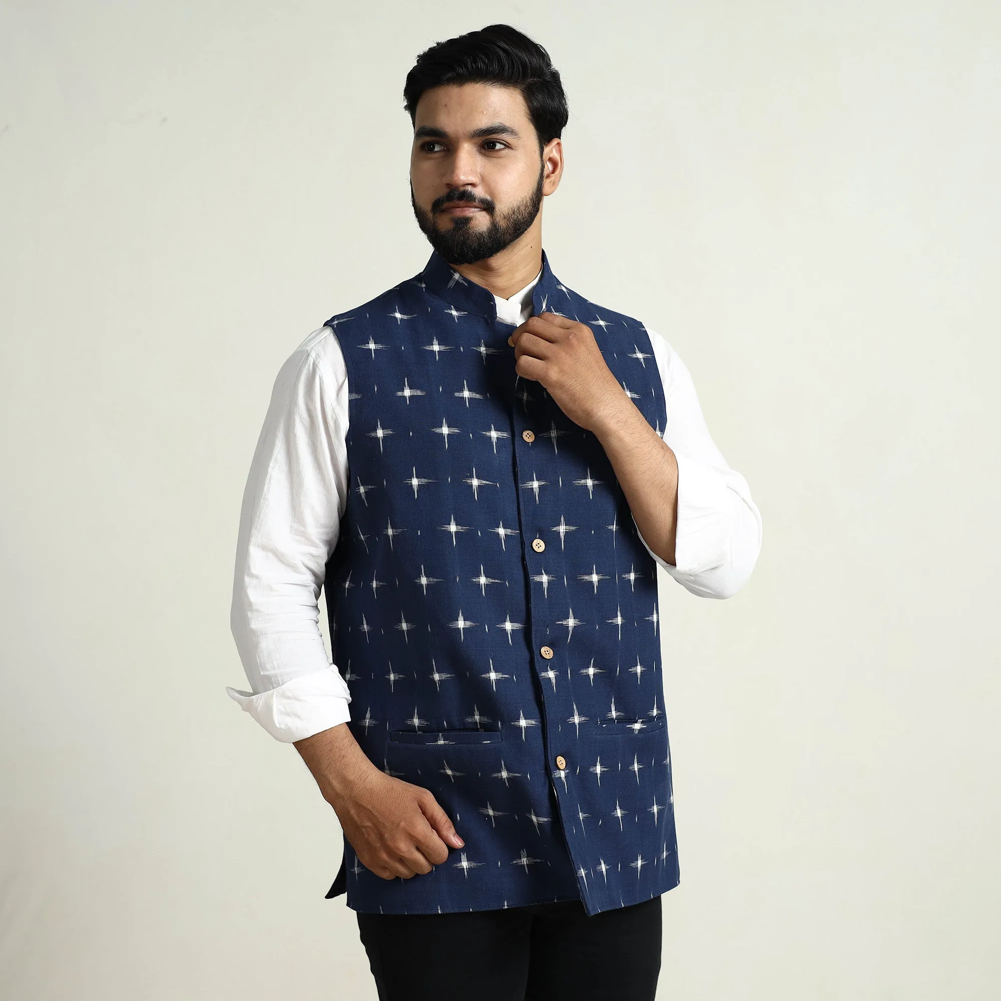 Blue - Pochampally Double Ikat Handloom Cotton Men Nehru Jacket 14 sold by Itokri product image thumbnail 3
