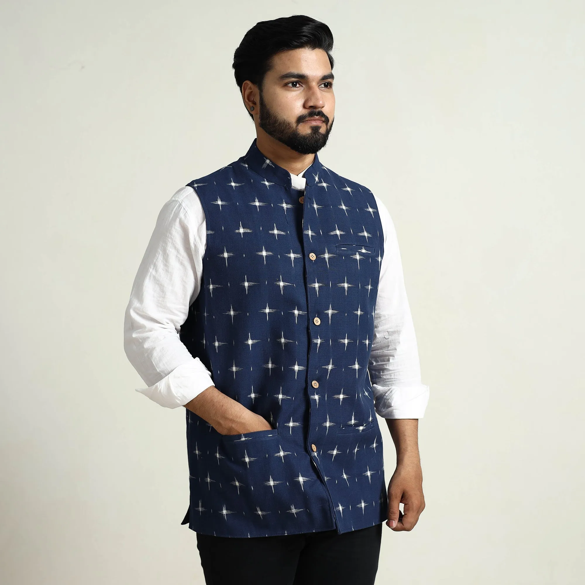 Blue - Pochampally Double Ikat Handloom Cotton Men Nehru Jacket 14 sold by Itokri product image thumbnail 2