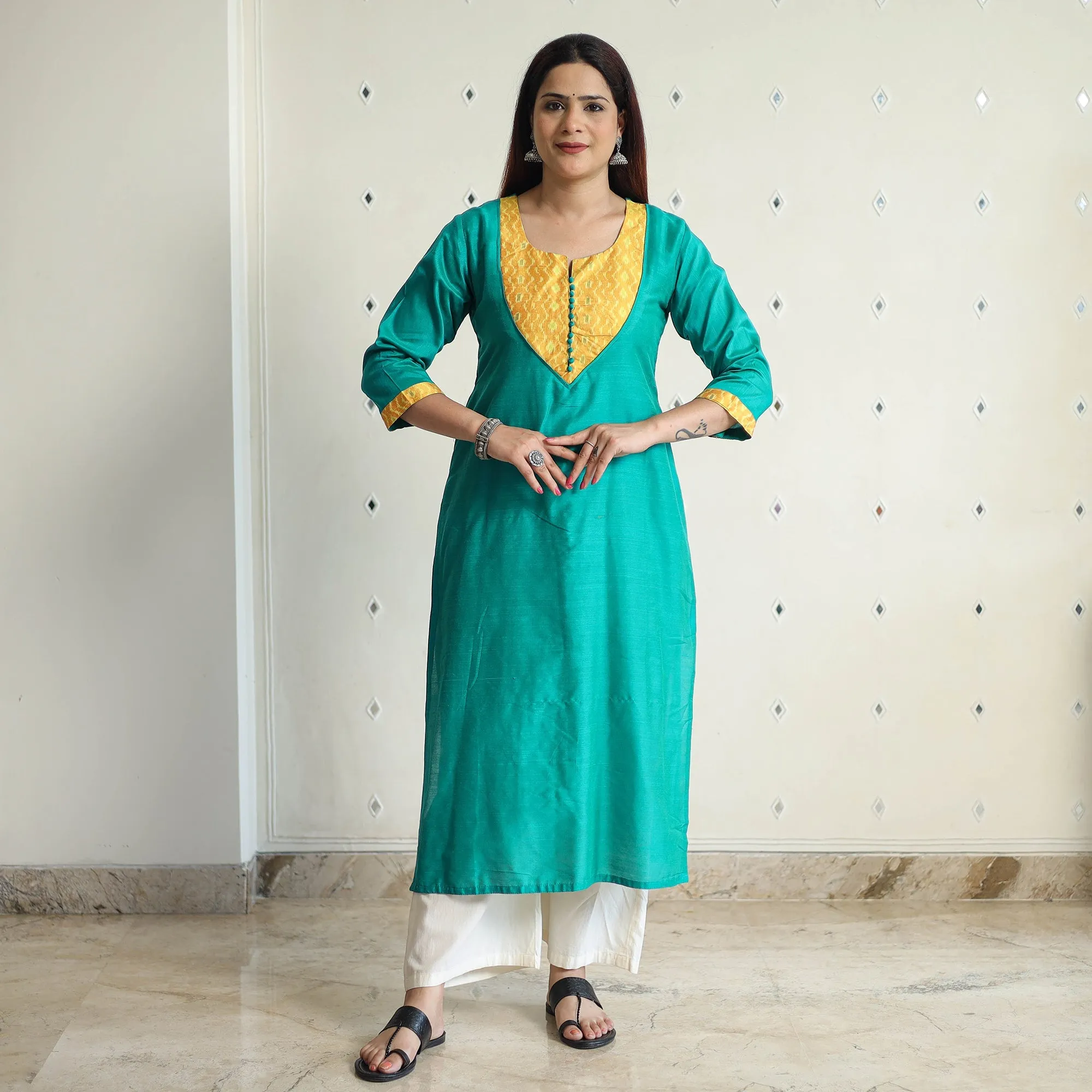 Jade Green - Plain Solid Slub Silk Straight Kurta 05 sold by Itokri product image thumbnail 3