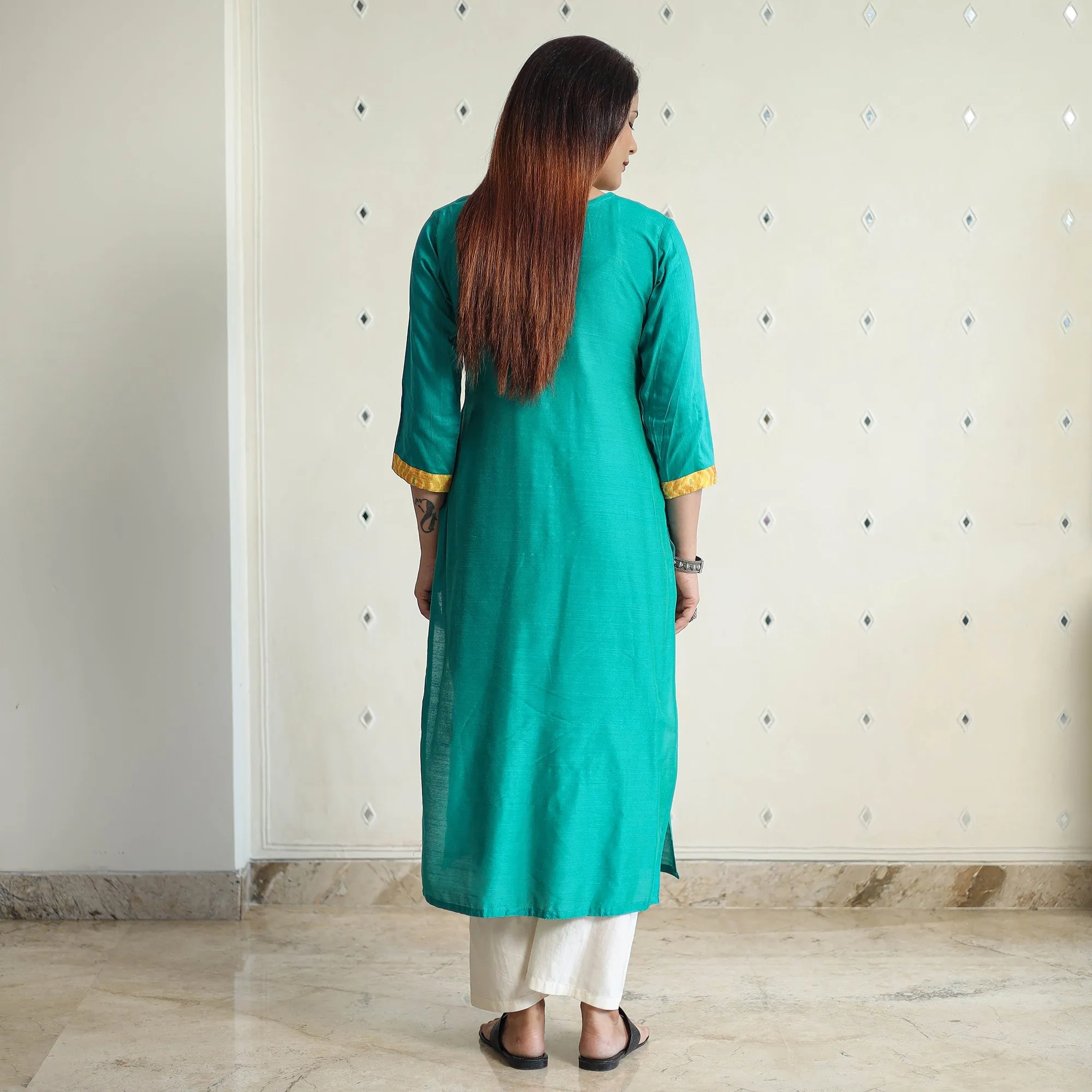 Jade Green - Plain Solid Slub Silk Straight Kurta 05 sold by Itokri product image thumbnail 4