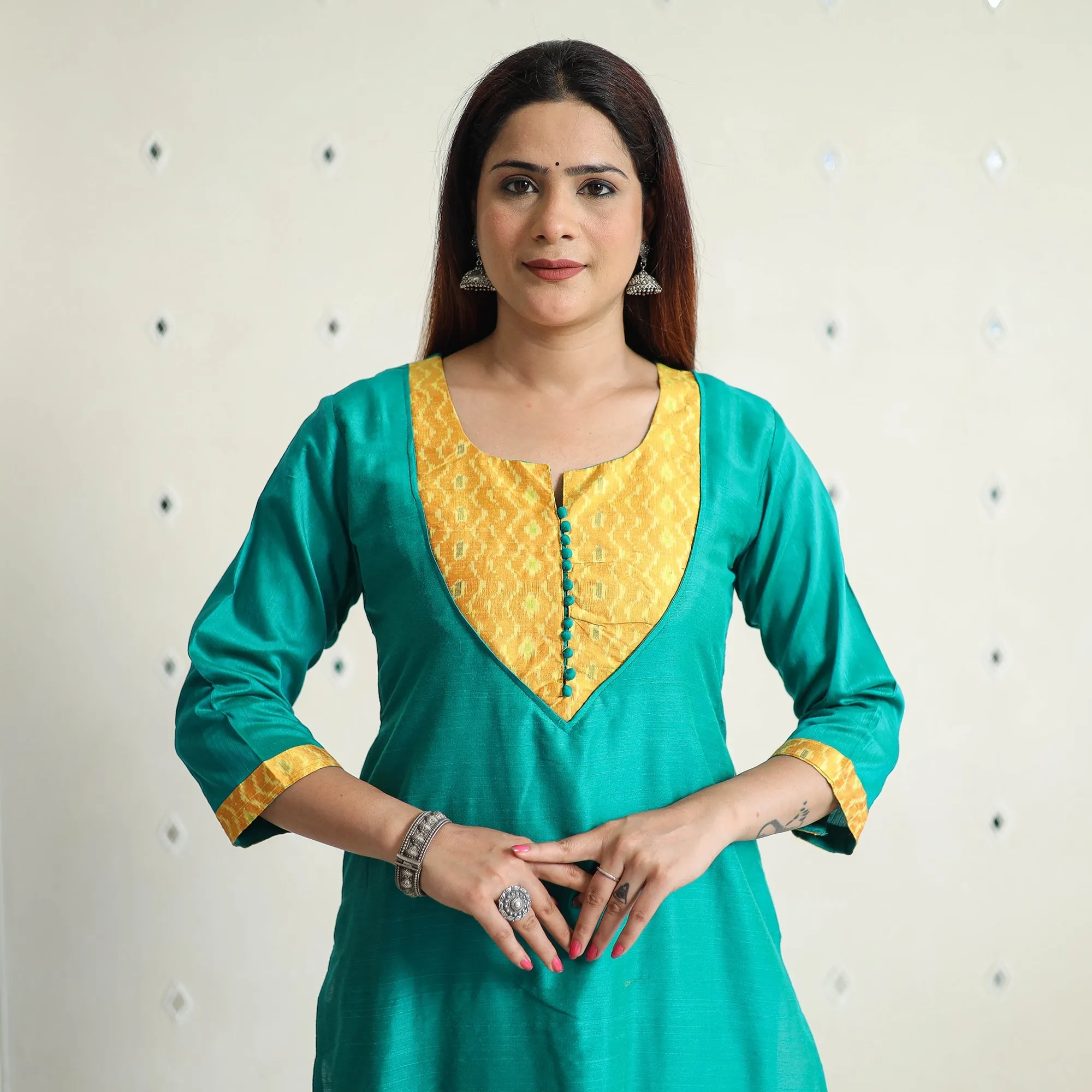 Jade Green - Plain Solid Slub Silk Straight Kurta 05 sold by Itokri