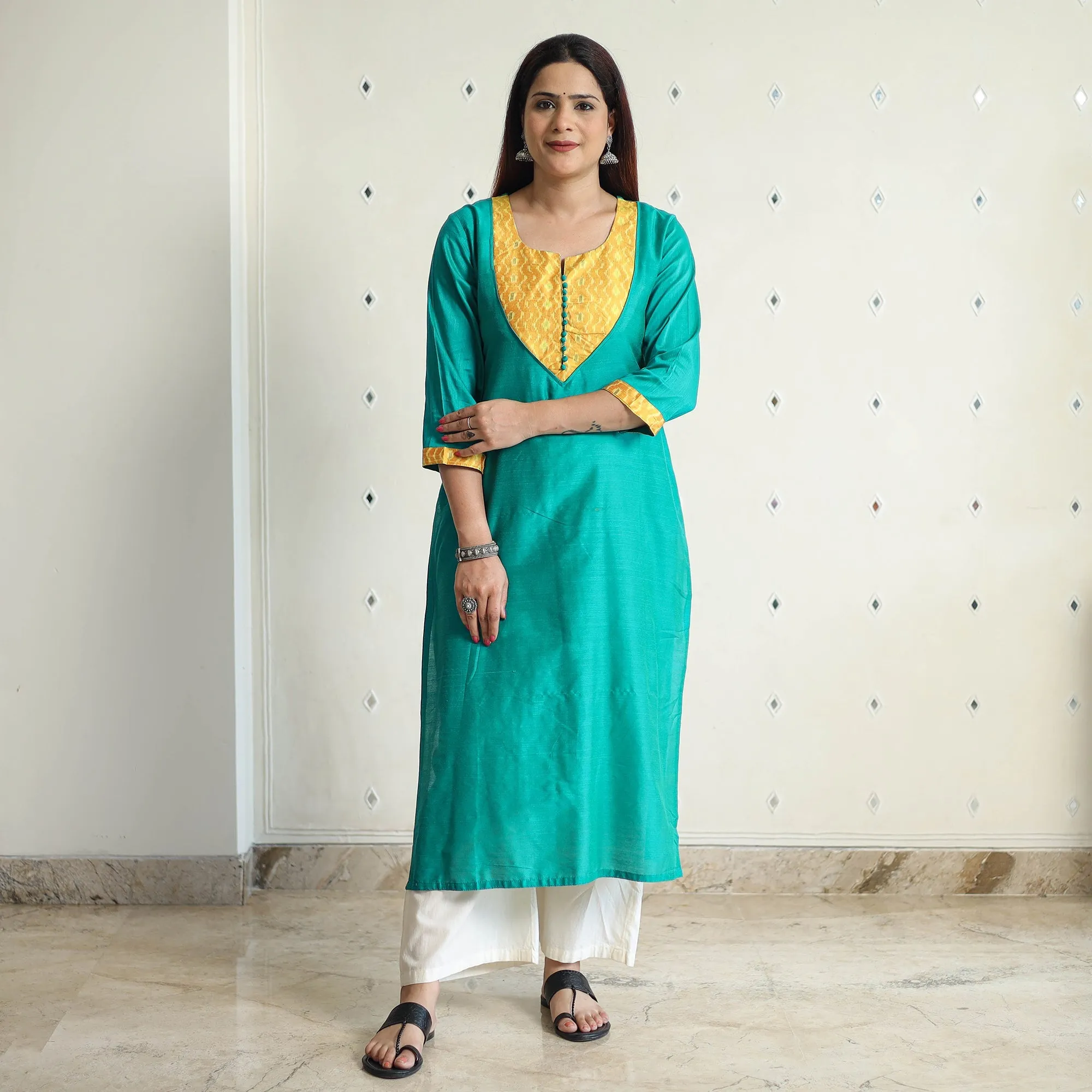 Jade Green - Plain Solid Slub Silk Straight Kurta 05 sold by Itokri product image thumbnail 2