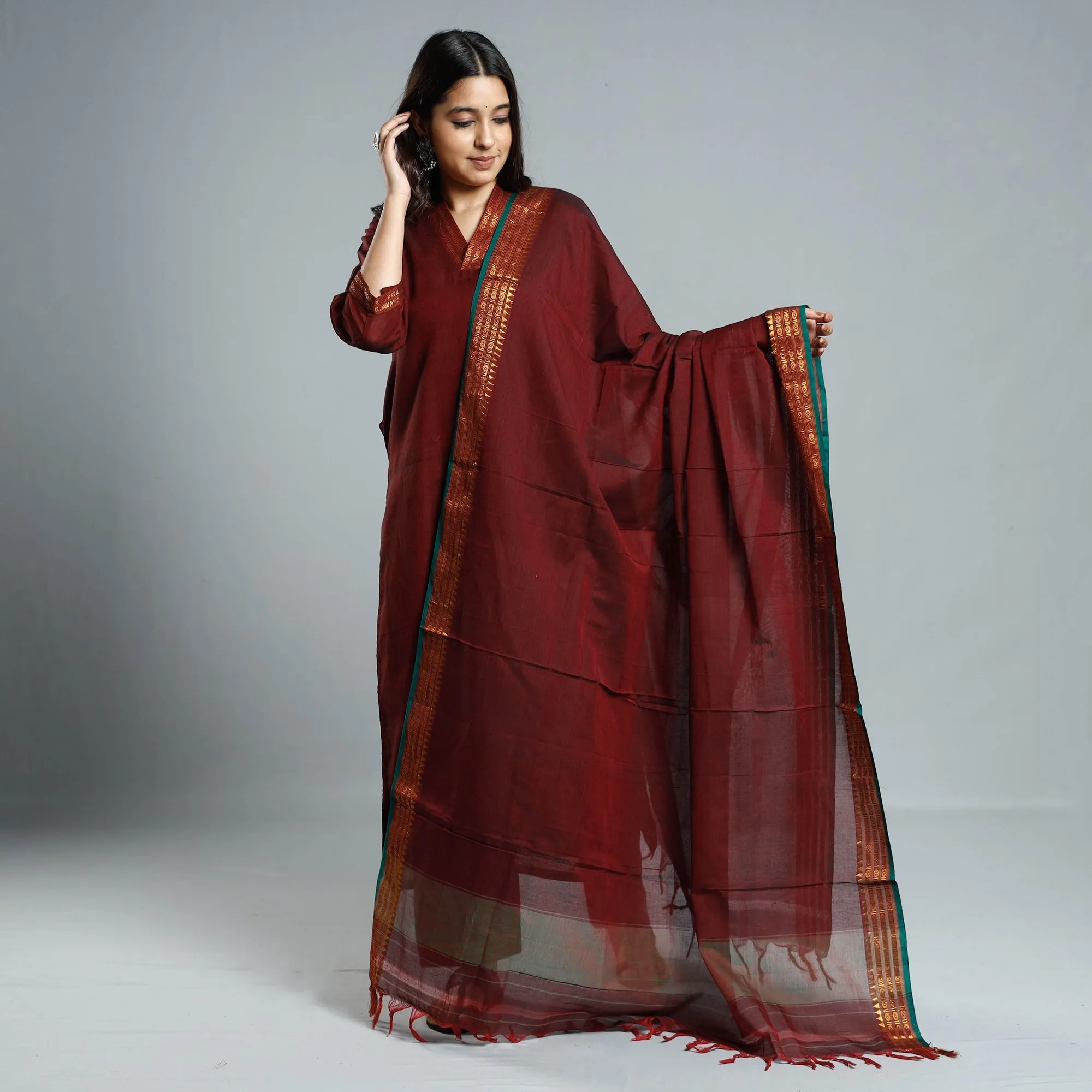 Maroon Dharwad Cotton Kurta with Palazzo & Dupatta Set sold by Itokri product image thumbnail 2