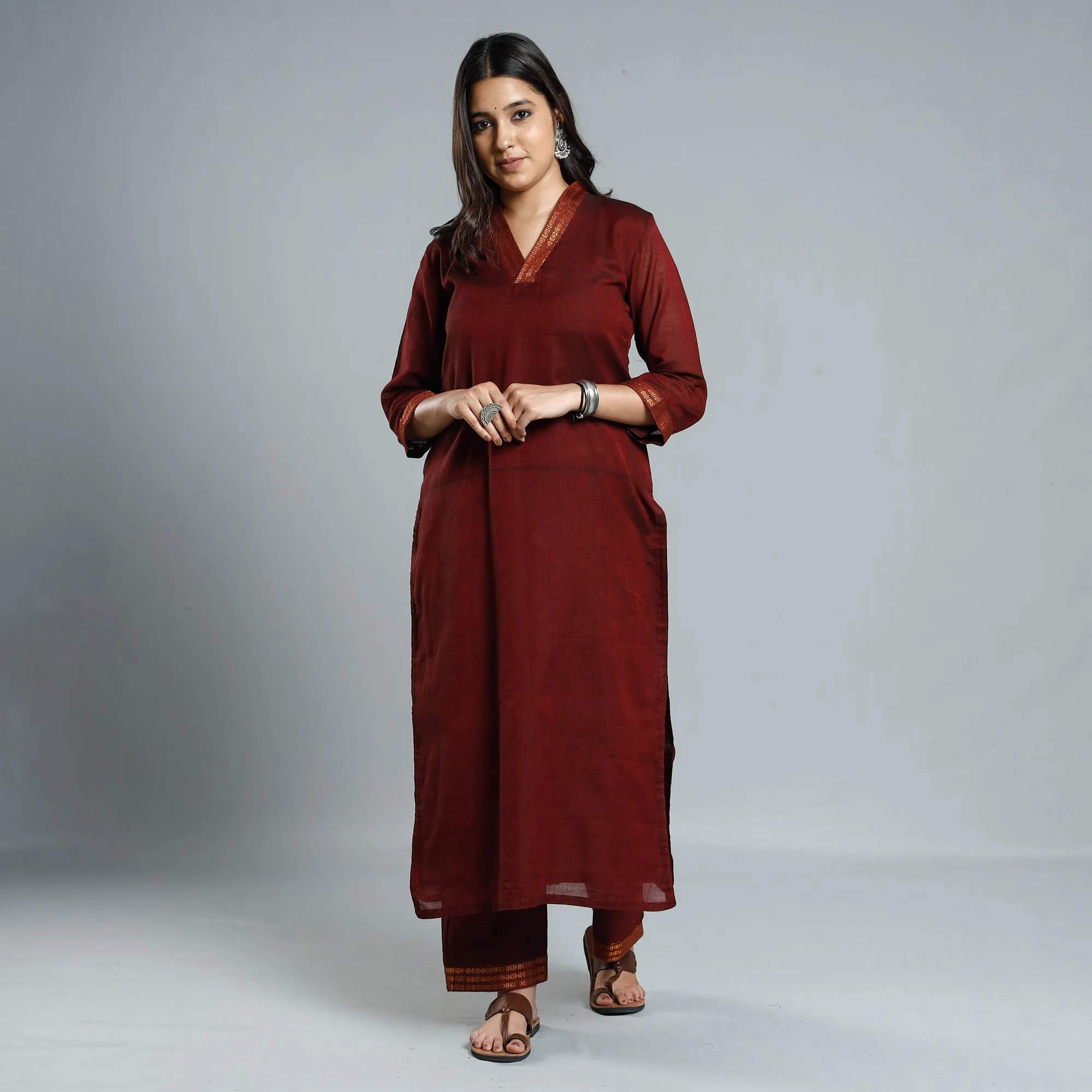 Maroon Dharwad Cotton Kurta with Palazzo & Dupatta Set sold by Itokri product image thumbnail 3