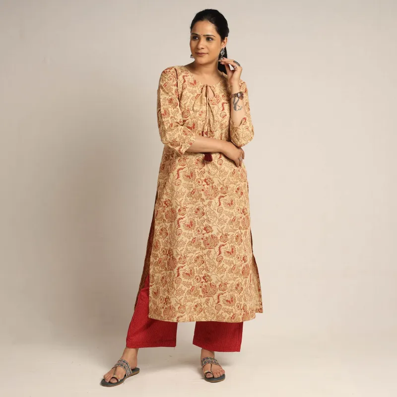 Beige - Pedana Kalamkari Block Printed Cotton Kurta with Palazzo Set sold by Itokri