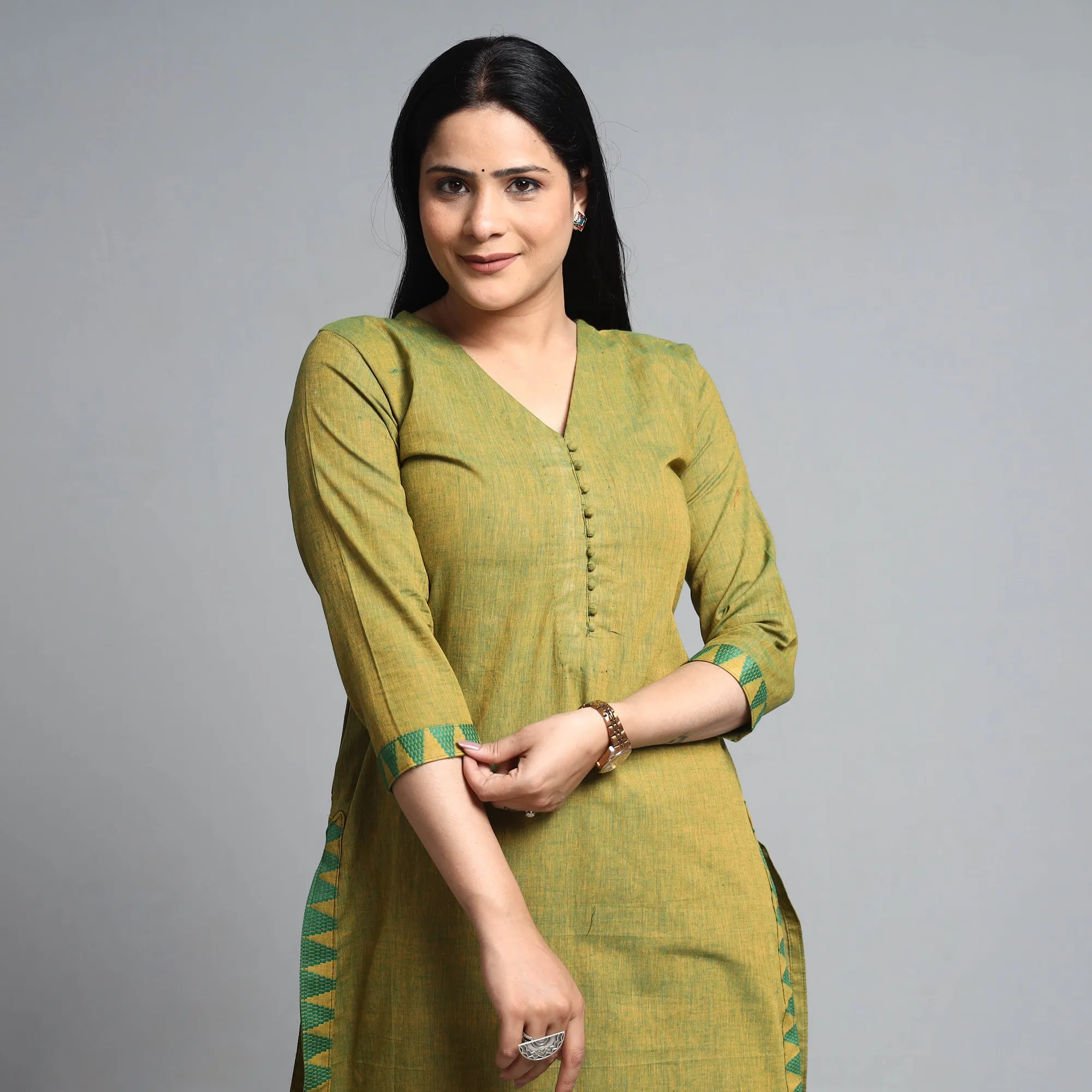 Green Yellow Dharwad Cotton Long Kurta sold by Itokri product image thumbnail 3