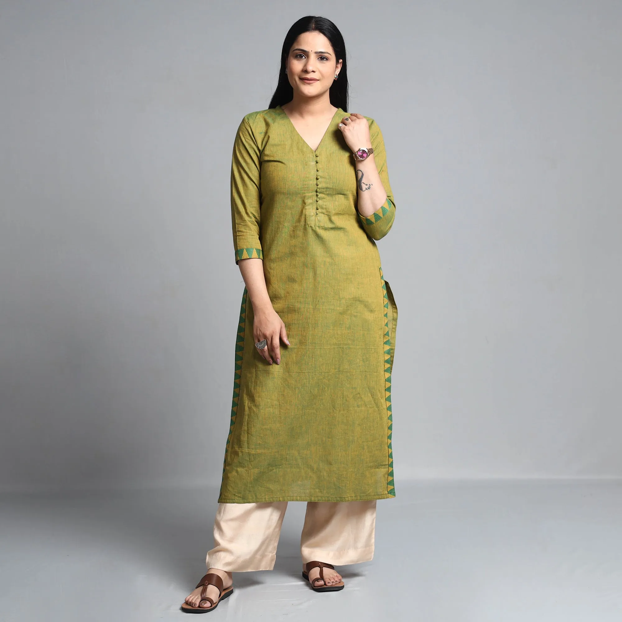 Green Yellow Dharwad Cotton Long Kurta sold by Itokri product image thumbnail 2