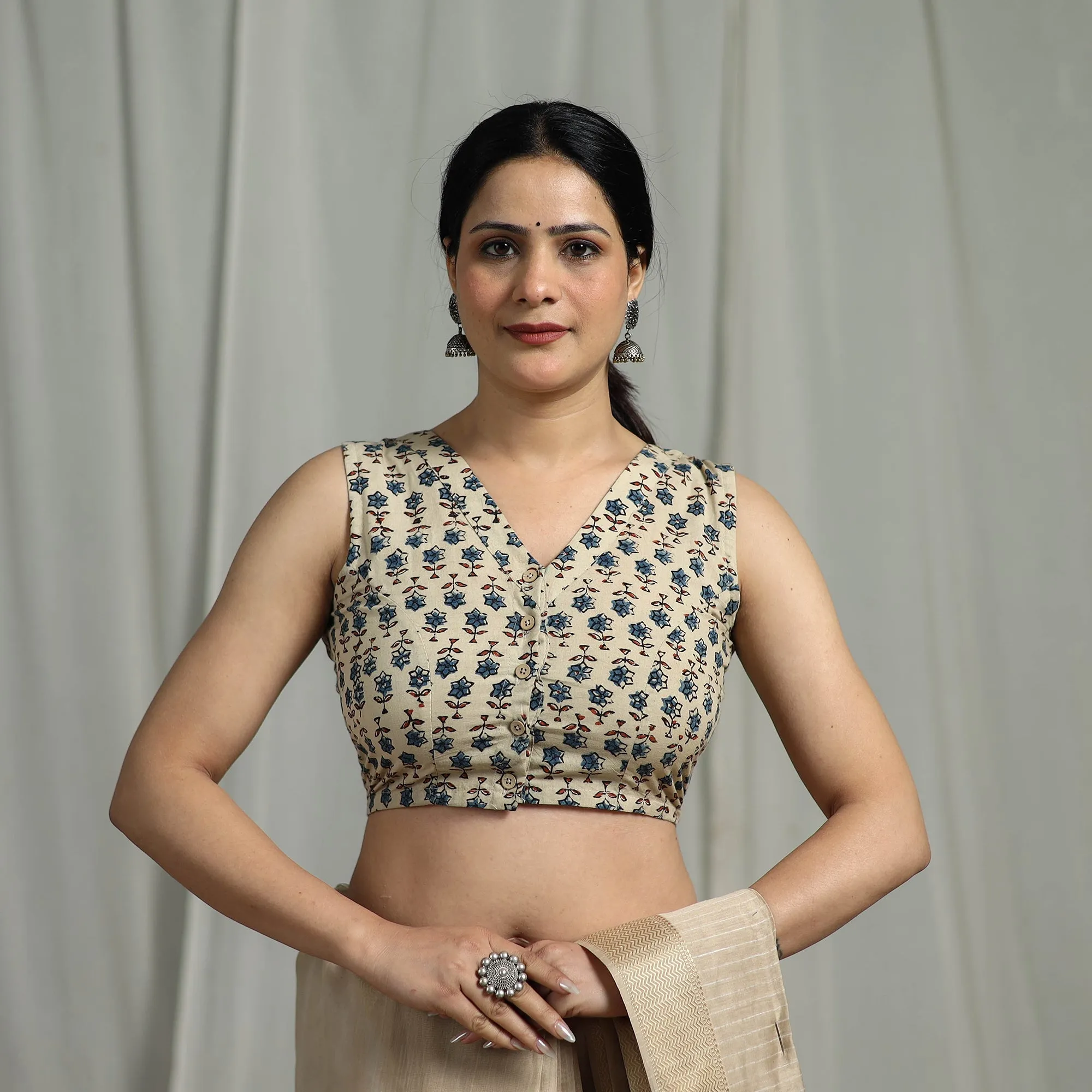 Beige - Hand Block Print Natural Dyed Cotton Ajrakh Readymade Blouse 12 sold by Itokri product image thumbnail 2