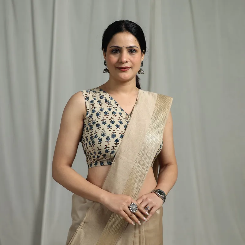 Beige - Hand Block Print Natural Dyed Cotton Ajrakh Readymade Blouse 12 made by Itokri