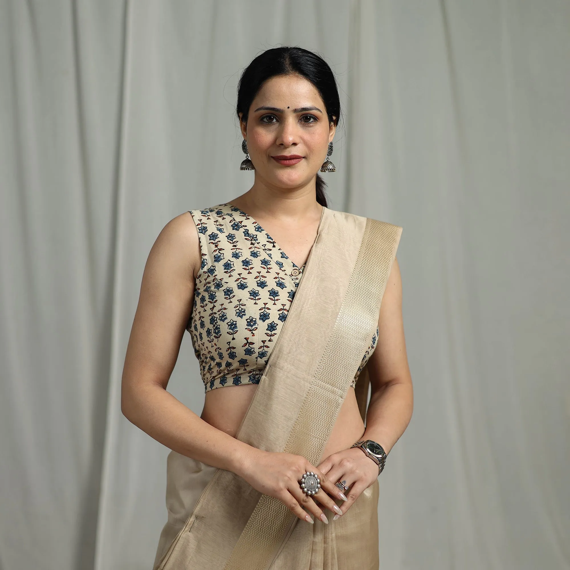 Beige - Hand Block Print Natural Dyed Cotton Ajrakh Readymade Blouse 12 sold by Itokri